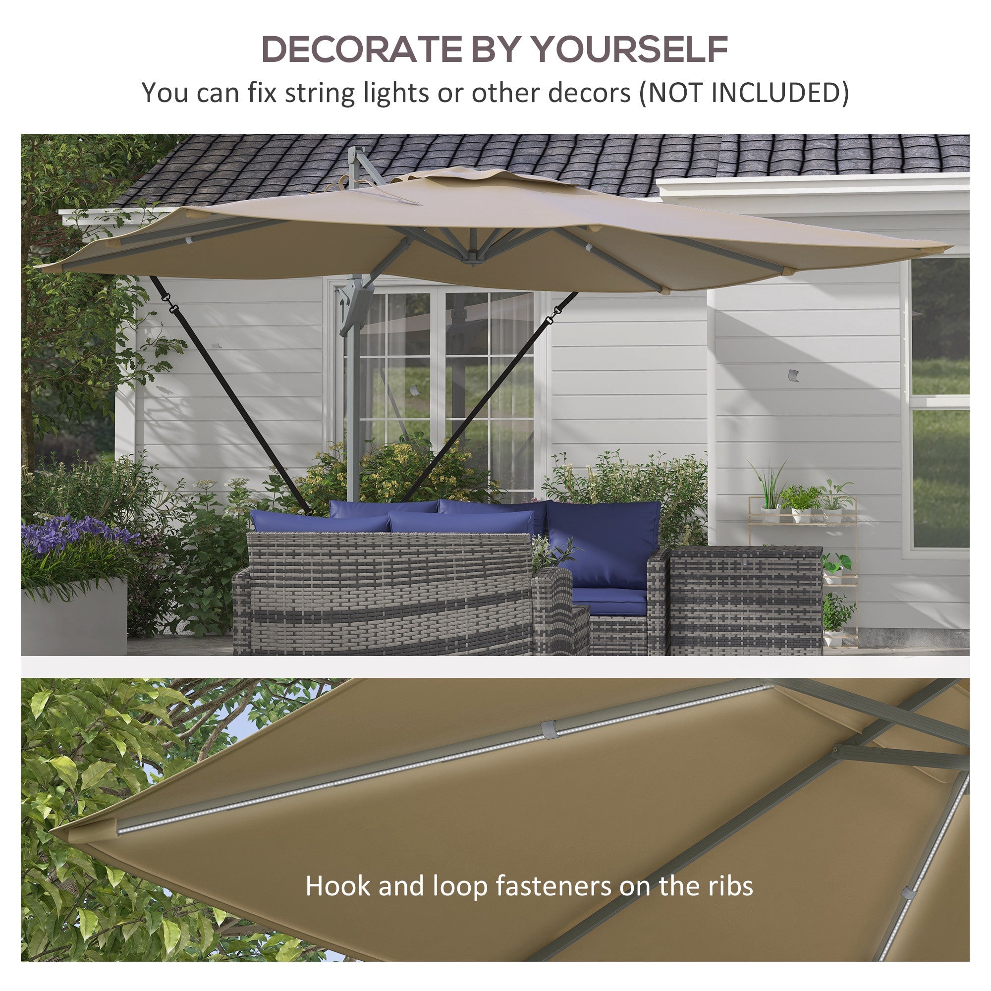 Outsunny 13 FT Cantilever Umbrella in Khaki - Aluminum, 360° Rotation, Crank, Tilt, with Cross Base 