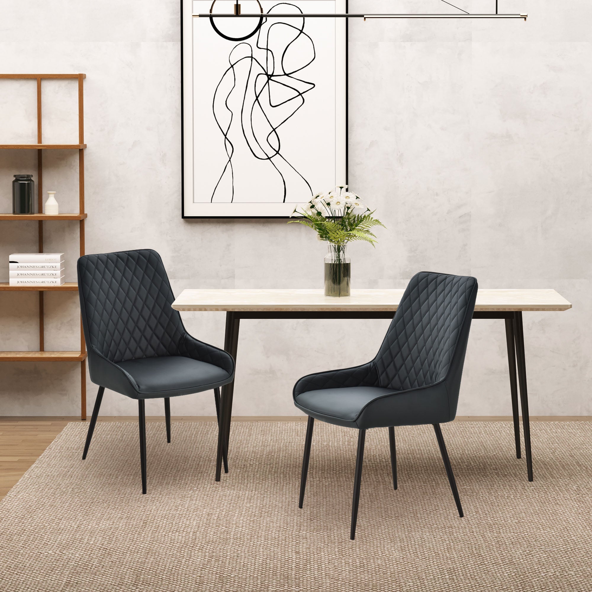 HOMCOM 2 Pack Mid Century Dining Chairs Black PU Leather Padded Metal Legs Modern for Kitchen Office 