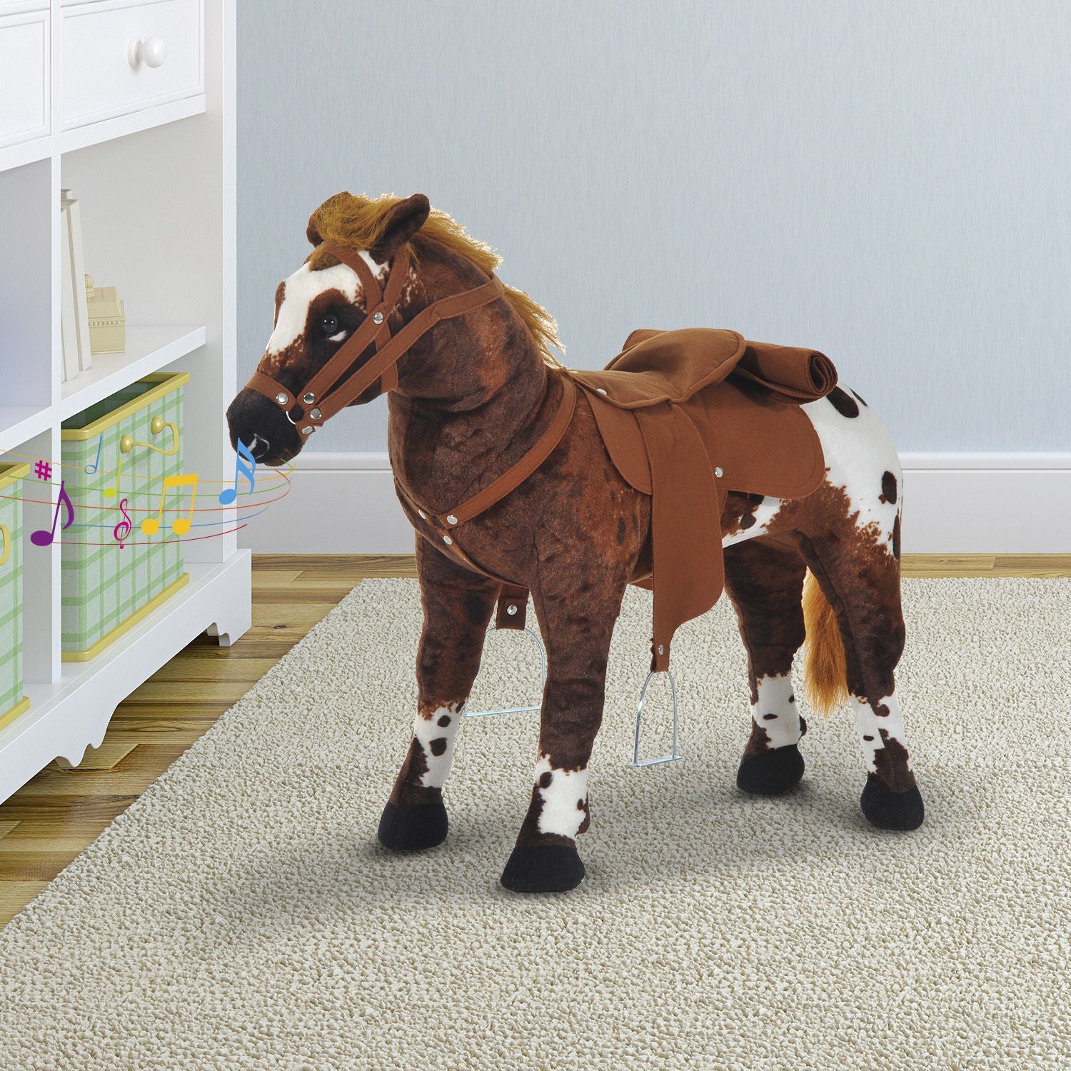 Qaba Plush Standing Ride-On Pony for Kids - Brown Cowboy Horse Toy with Neighing Sound 