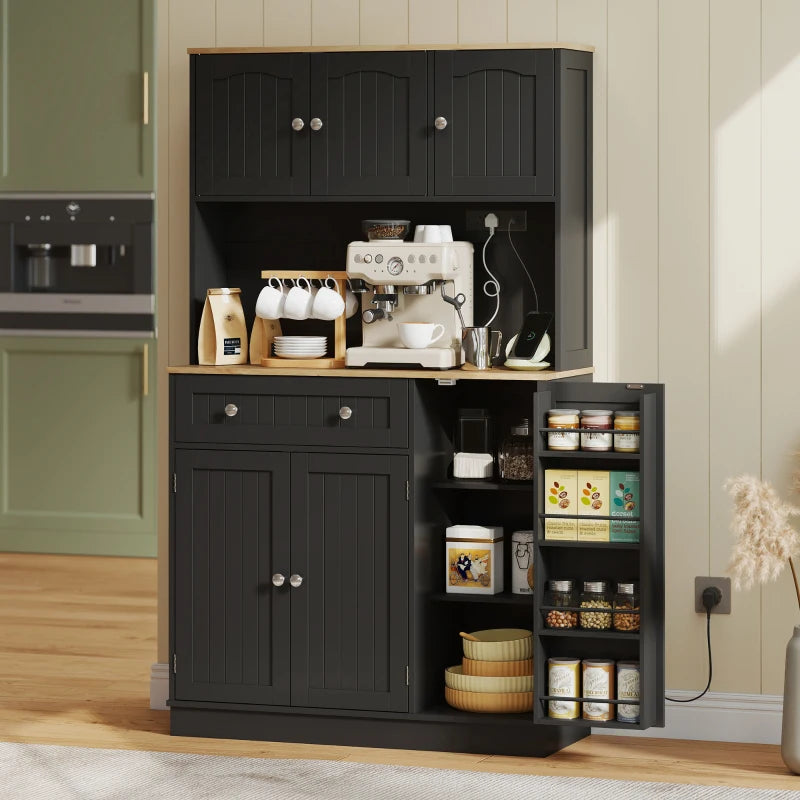 68" Pantry Cabinet with Charging Station, Kitchen Storage Cabinet with Microwave Stand, 4 Door Racks, Black