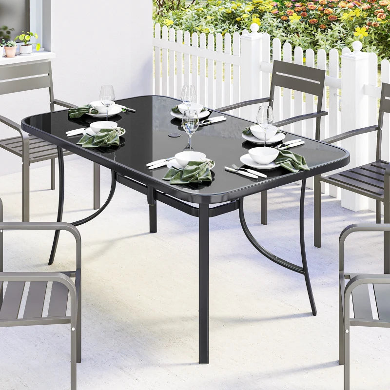 Outdoor Dining Table for 6 with Umbrella Hole, Metal Patio Dining Table with Tempered Glass Top
