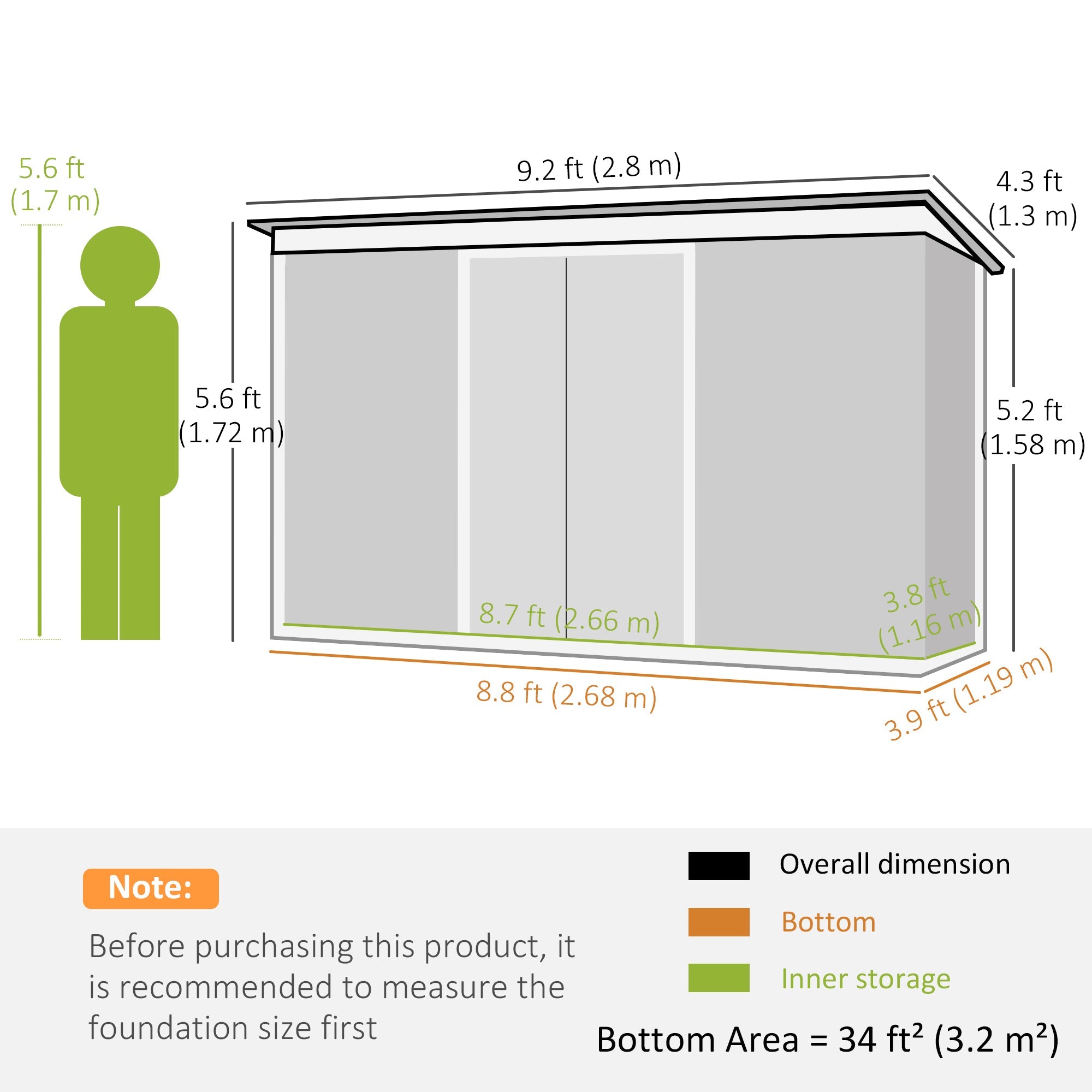Outsunny 9'x4' Corrugated Metal Garden Shed: Summer House with Foundation, Vents & Doors, Light Green 