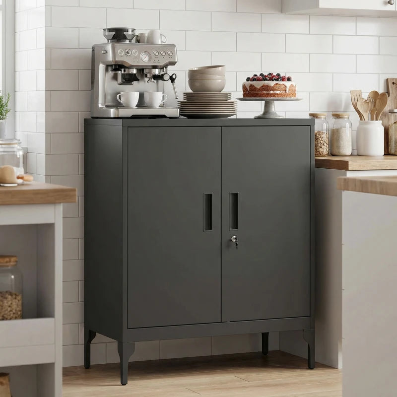 Office Storage Cabinet with Lock, Filing Cabinet with Adjustable Shelves and Doors for Home Office, Garage, Black