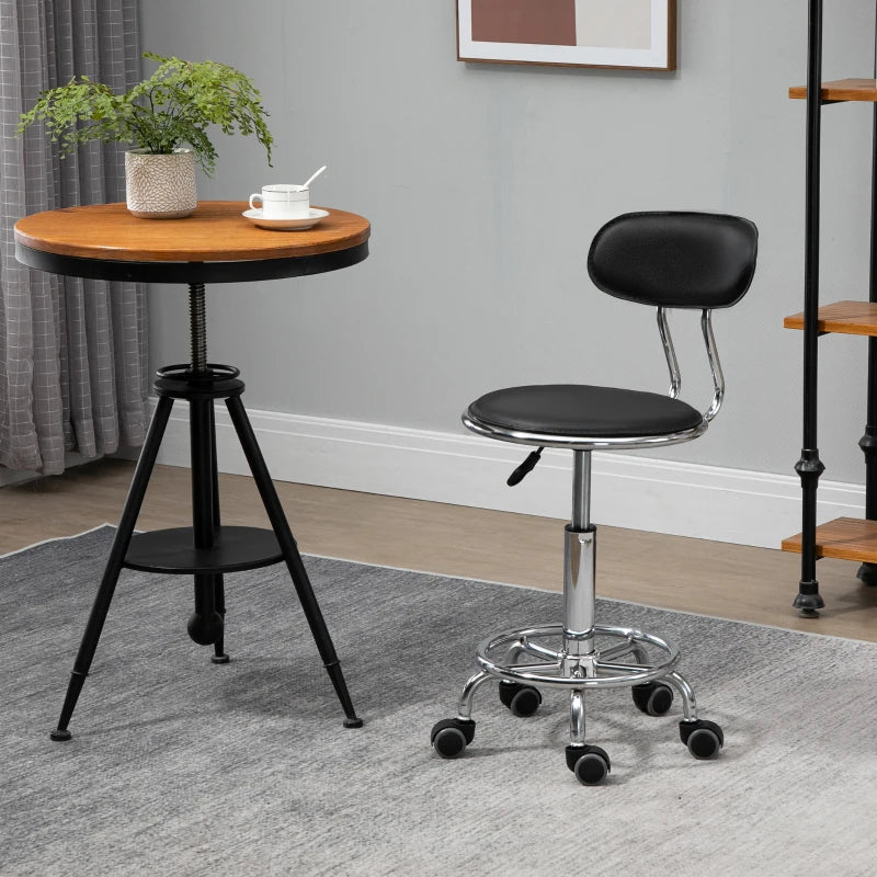 Faux Leather Salon Stool, Height Adjustable Rolling Stool with Footrest Ring, Back and Wheels for Beauty, Tattoo, Black