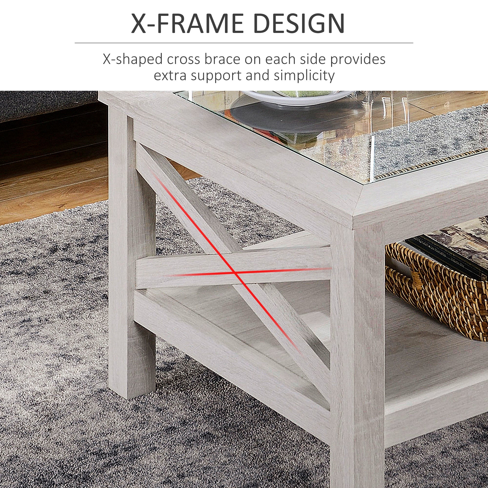 HOMCOM Farmhouse Glass Top Coffee Table: 2-Tier Center Table with Bottom Storage Shelf for Living Room, Bedroom 
