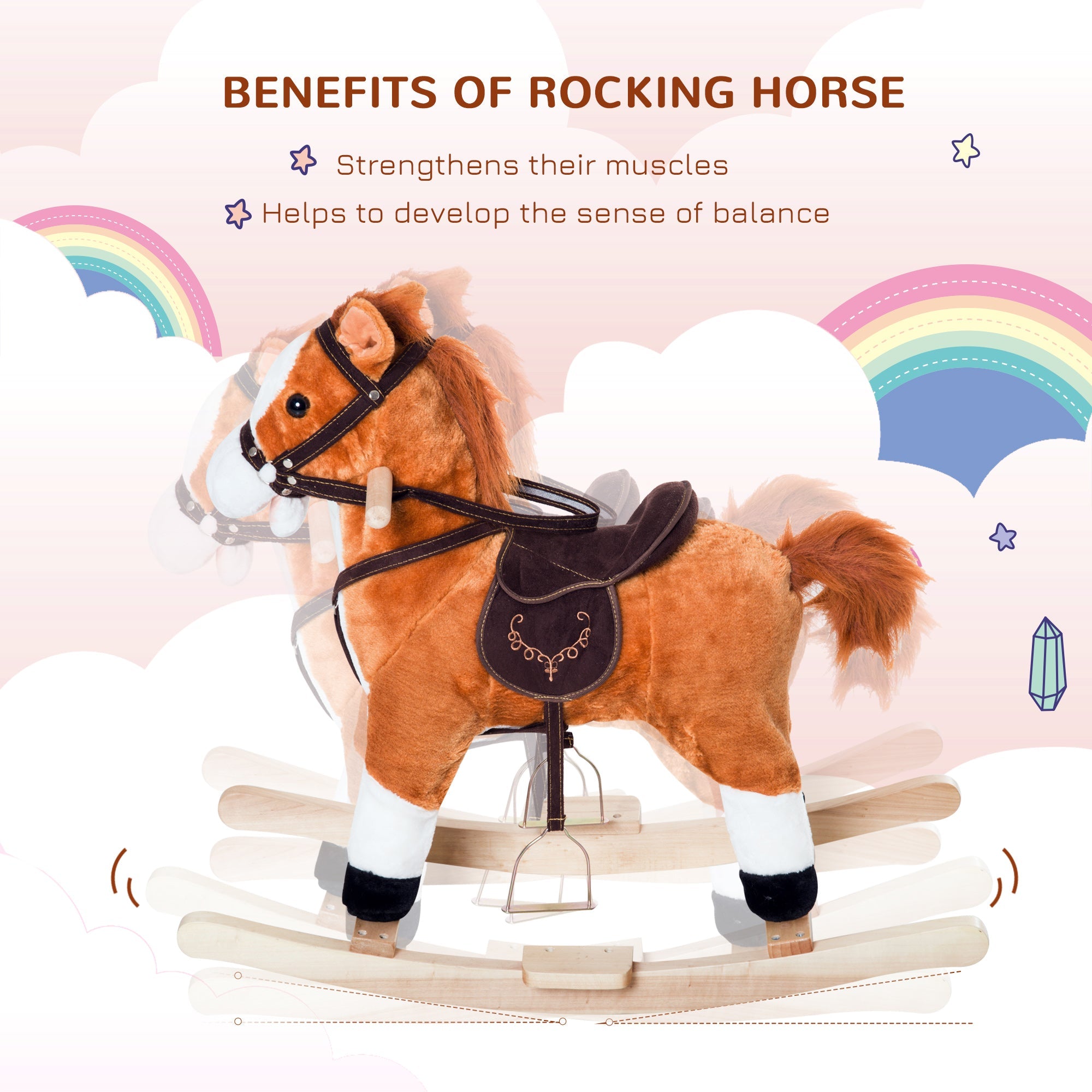 Qaba Kids Rocking Horse Poney Child Plush Ride on Toy w/ Realistic Sound Red Brown 