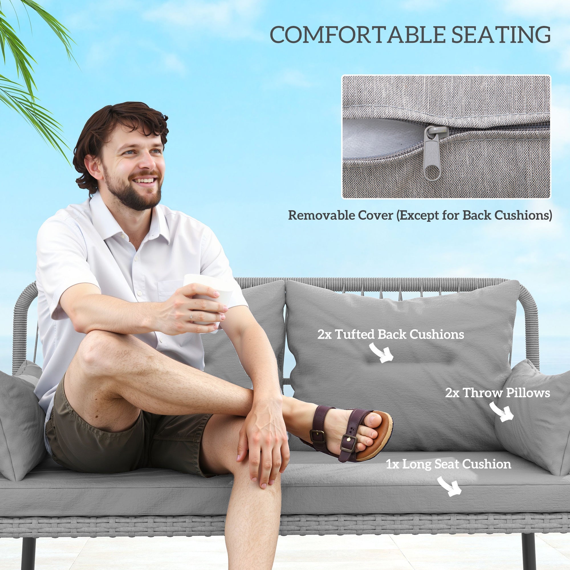 Outsunny 2 Pieces Wicker Patio Furniture Set, Small Patio Seat with Outdoor Loveseat, Glass Top Table and Cushions, Light Grey 