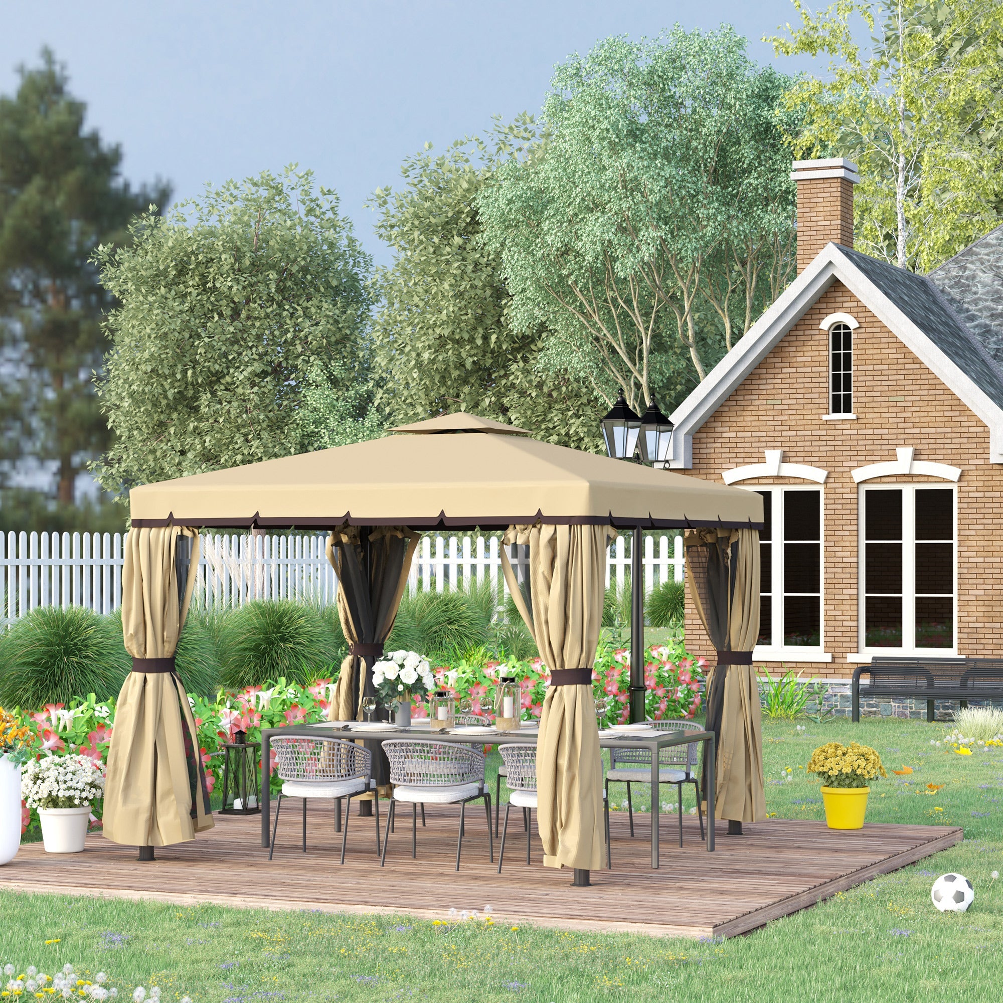 Outsunny 10' x 10' 2-Tier Outdoor Gazebo Canopy Tent with Zippered Mesh Sidewalls, Aluminum Frame for Patio, Backyard, Beige 