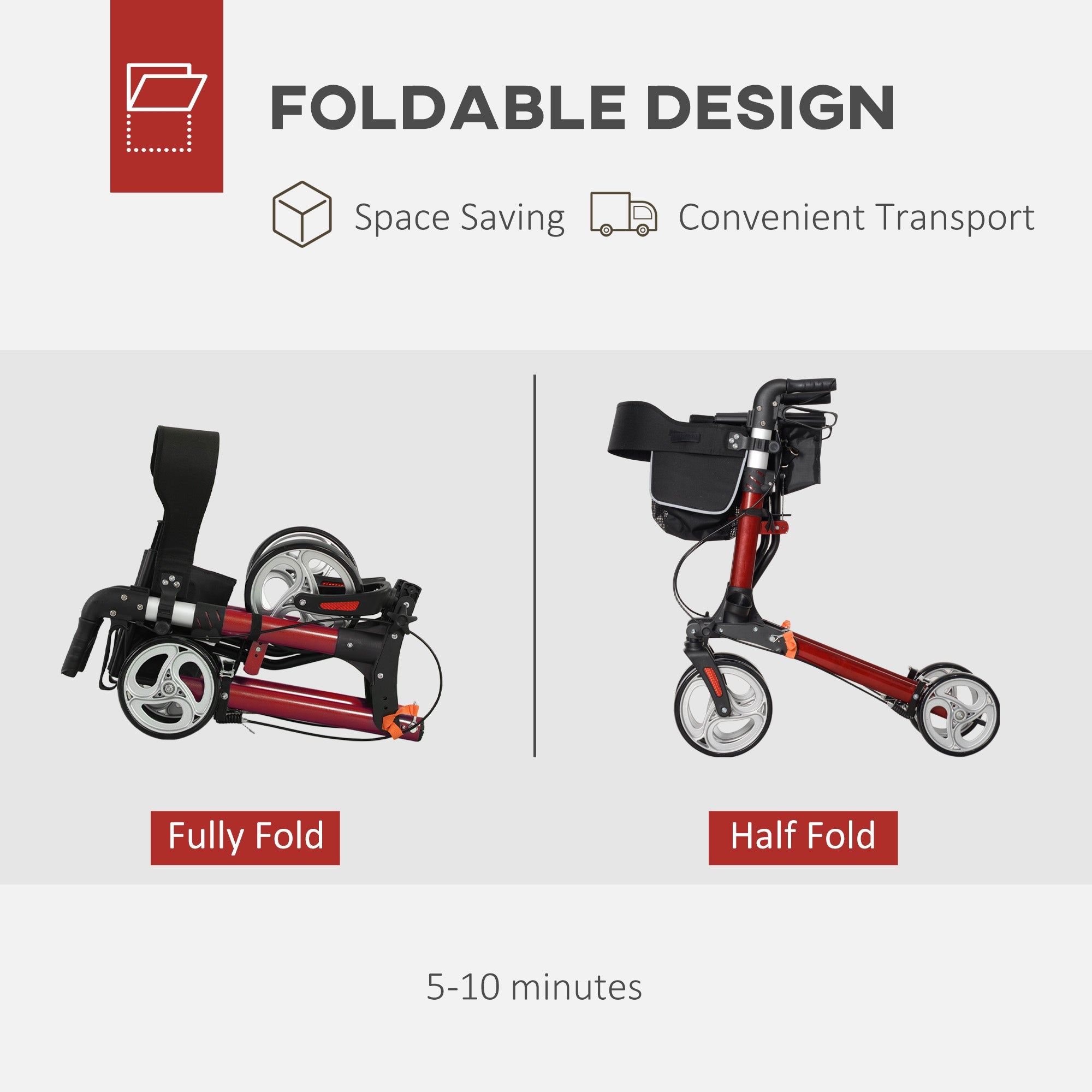 HOMCOM Lightweight Folding Rolling Walker with Large Seat, Back, Adjustable Handle, Bag, Dual Brake, Cane Holder, Red 