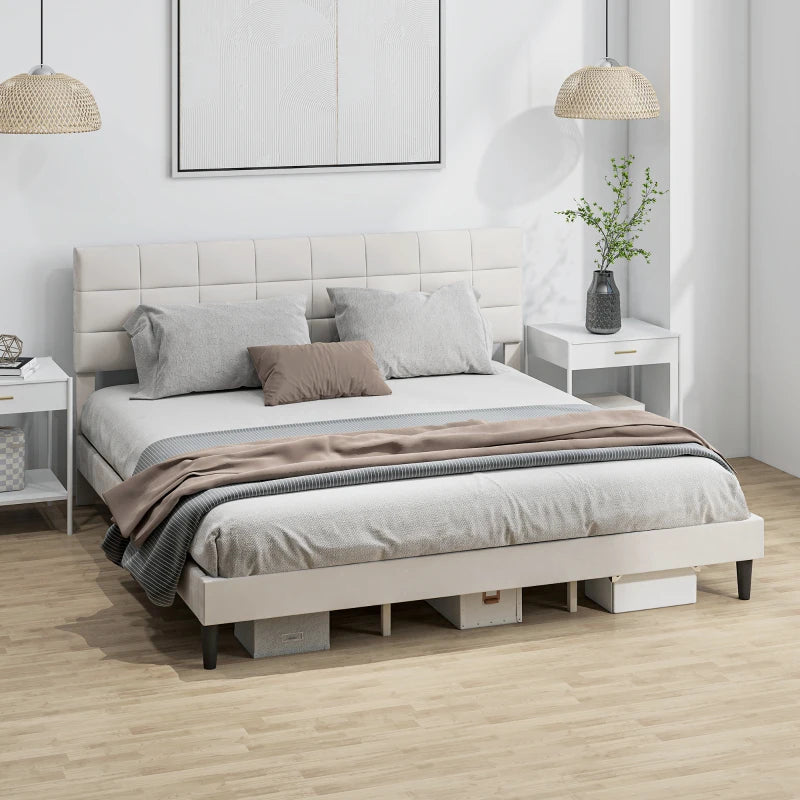 King Size Bed Frame with Upholstered Headboard, Modern Platform Bed Frame with Wood Slats, 1100 lbs Capacity, Cream White