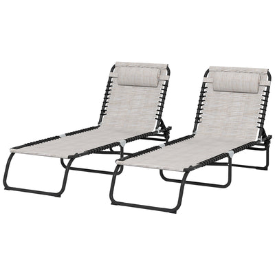 Outsunny 2 PCs Folding Lounge Chairs, Adjustable Chaise Lounges with Headrest for Camping, Hiking, Cream White 