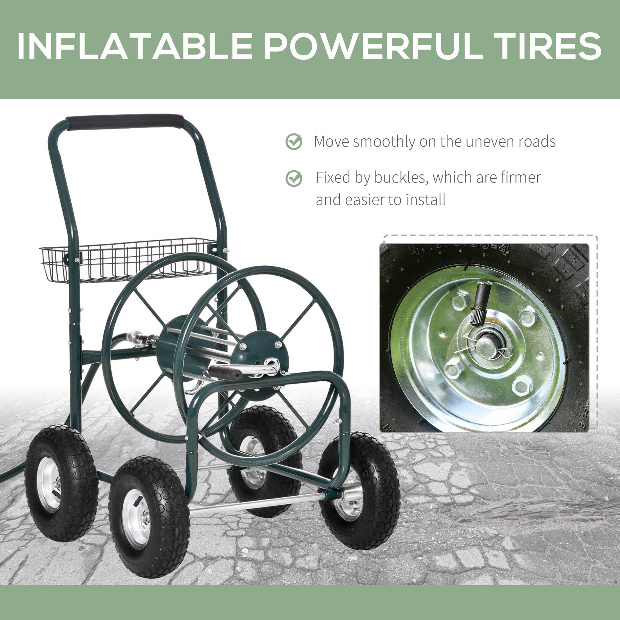 Outsunny Garden Hose Reel Cart, Portable Hose Organizer with Hose Guide System, 4 Wide Wheels & Storage Basket, Farm 