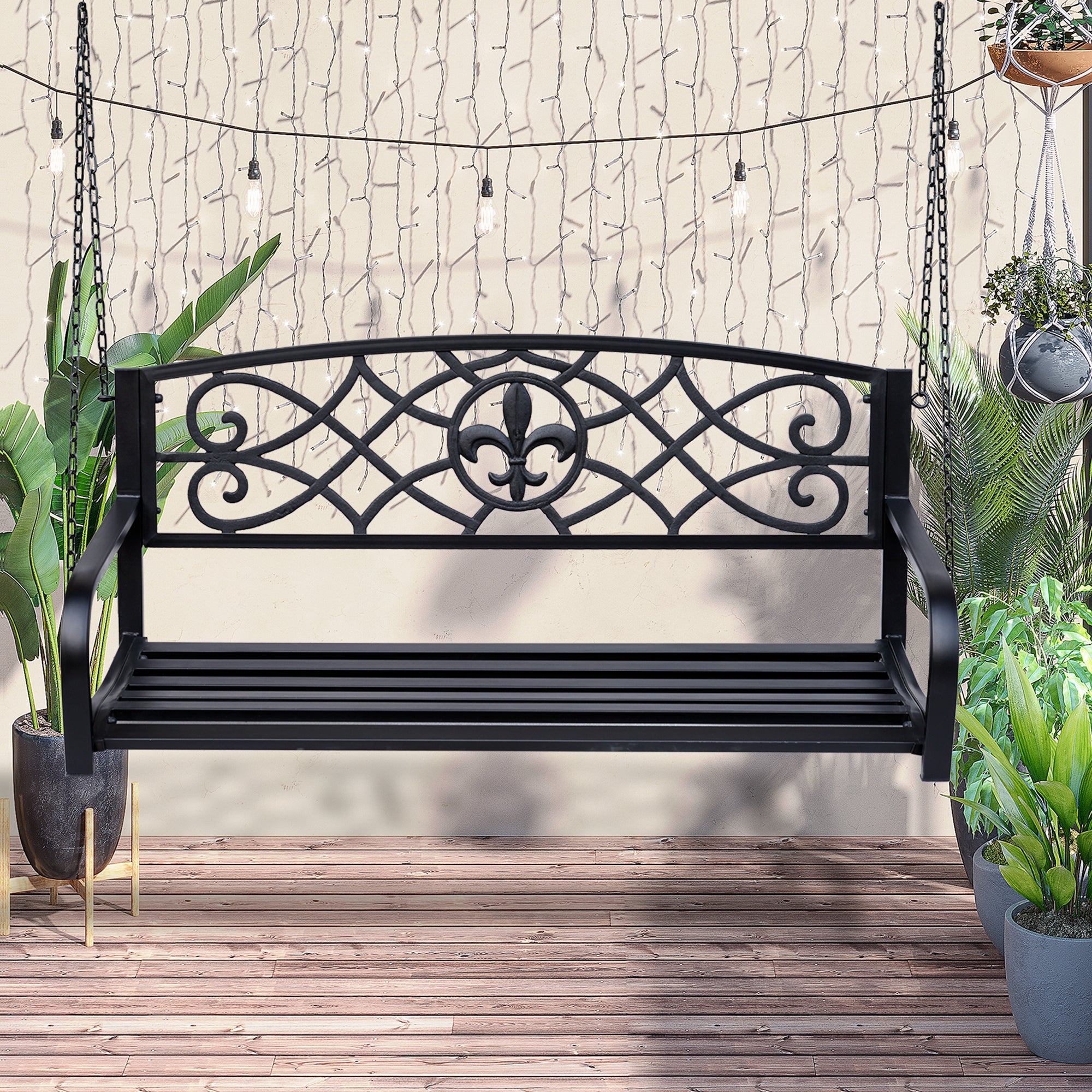 Outsunny Porch Swing: 2-Person Glider Chair Fleur De Lis Design Steel Frame Black 