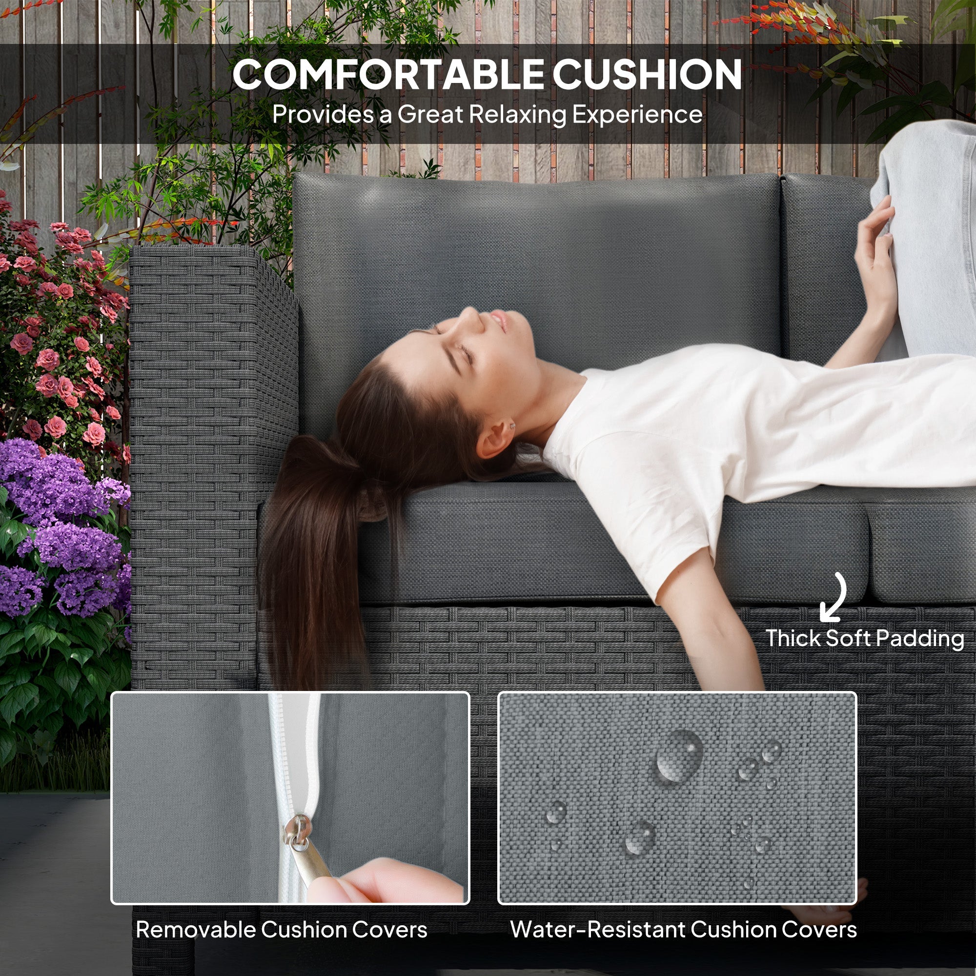 Outsunny Deluxe 3 Seat Rattan Wicker Sofa Garden Outdoor Patio Furniture with Cushion, Grey 