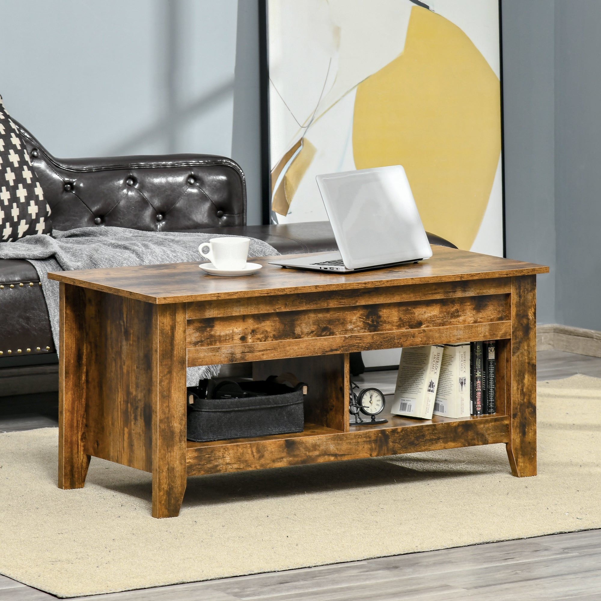 HOMCOM Lift-Top Coffee Table: Hidden Storage Shelves & Adjustable Pop-Up Tabletop, Living Room Furniture, Brown 