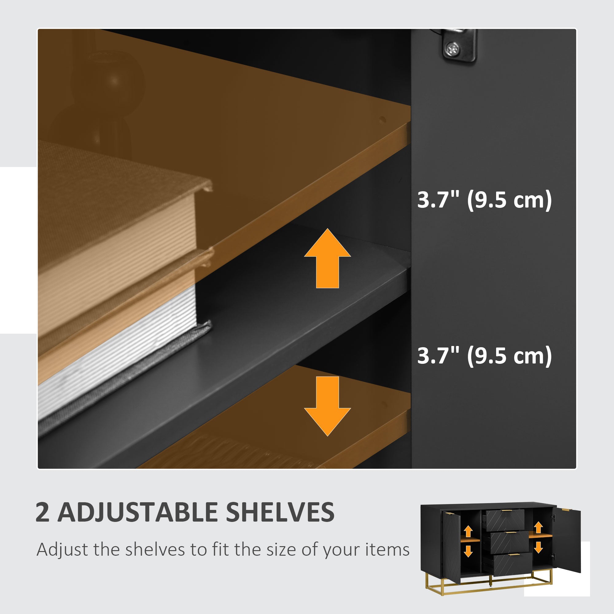 HOMCOM Storage Cabinet 3 Drawers Adjustable Shelves Doors Kitchen Buffet Cabinet Dining Room Black Ample Storage Space 