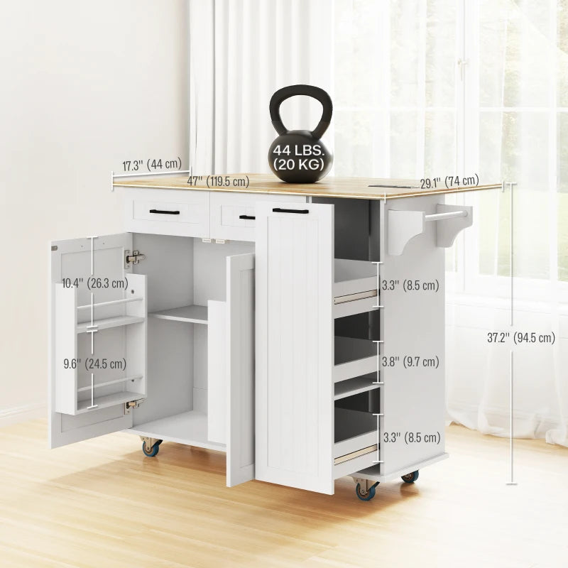 Kitchen Island on Wheels with Wood Drop Leaf, Charging Station, Rolling Kitchen Cart with Adjustable Shelf, White