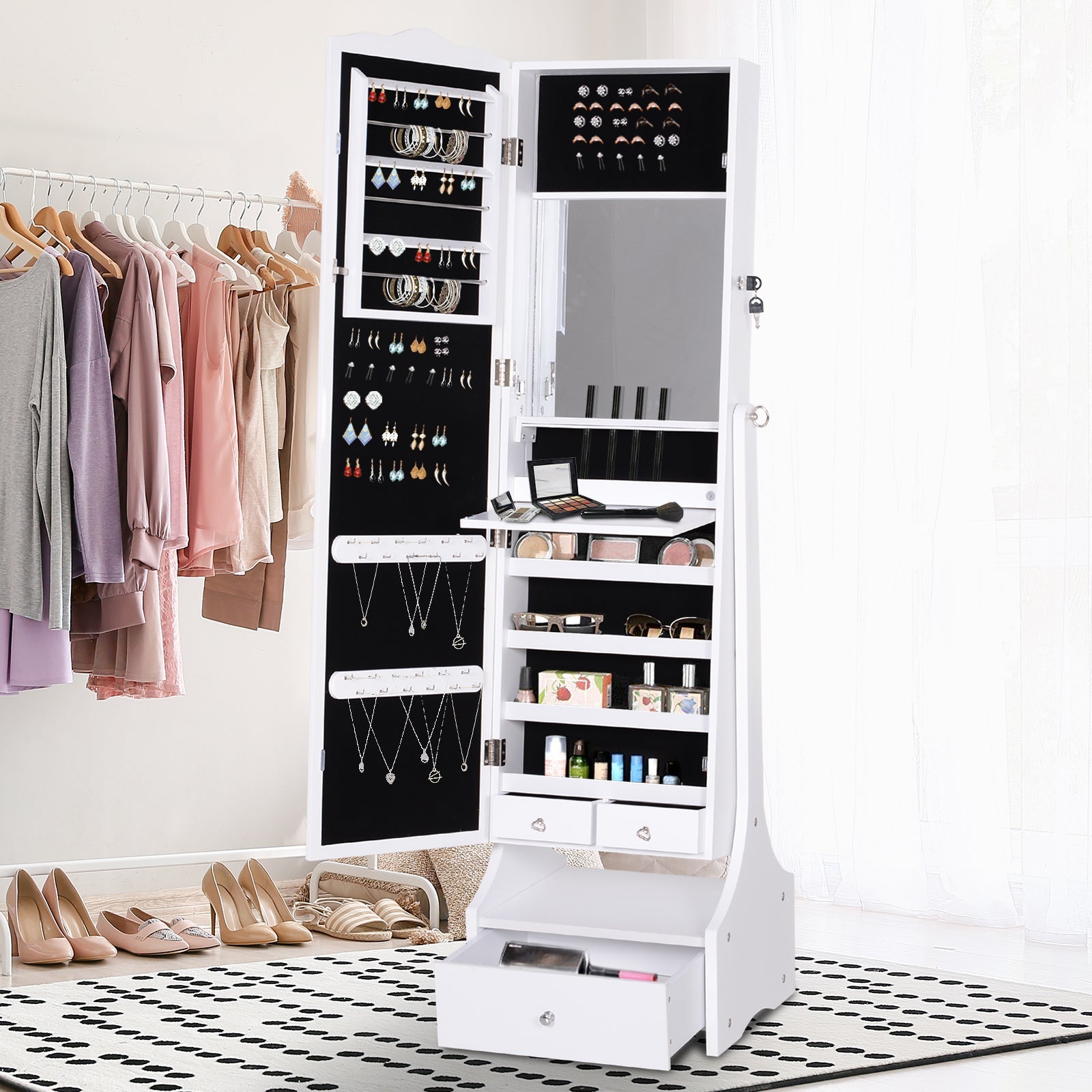 HOMCOM Standing Jewelry Armoire: With LED Lights, Full-Length Mirror, Adjustable Angle, White 