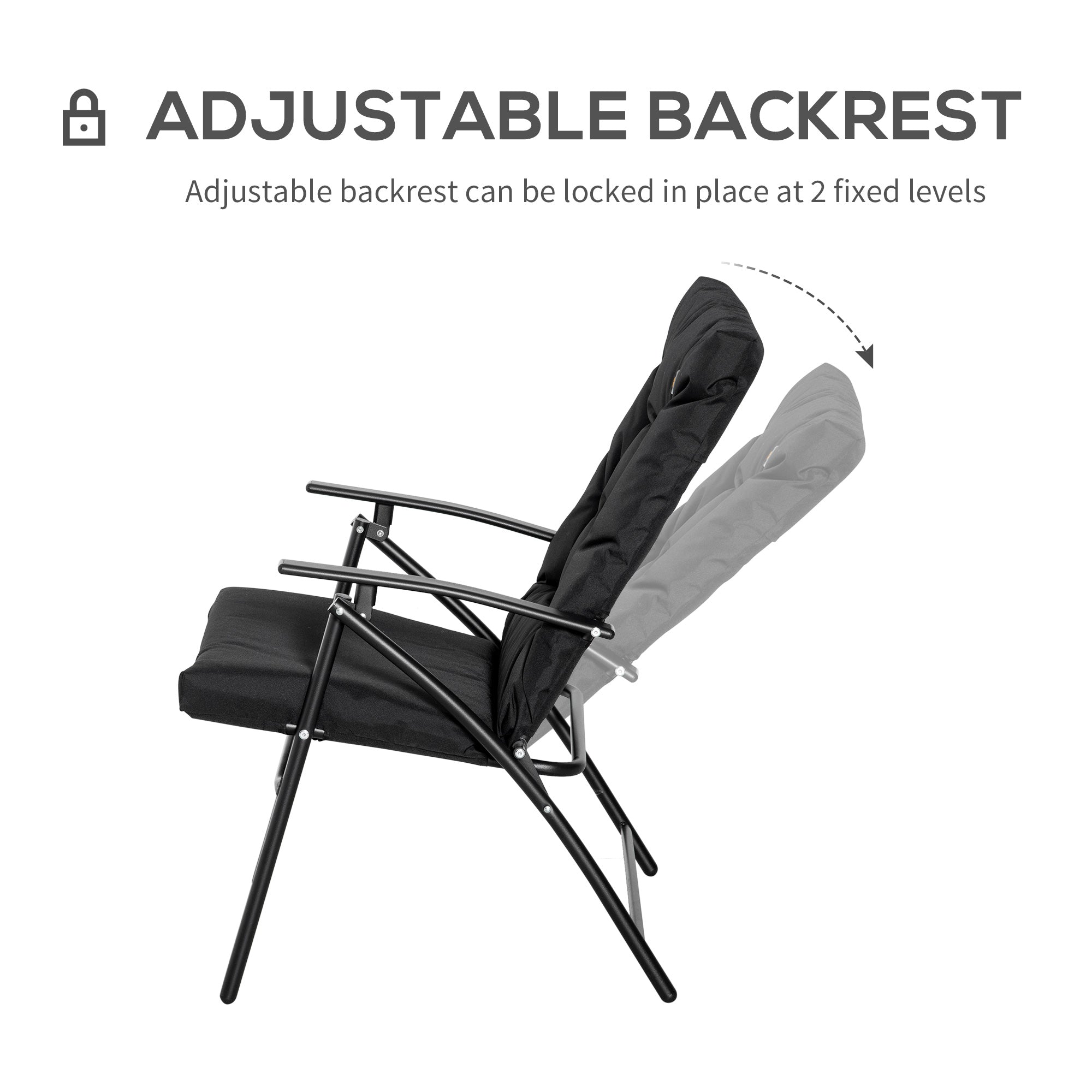 Outsunny Foldable Lounge Chair Fabric Upholstered Recliner Black Outdoor Lounger with Armrest Metal Frame Camping Beach Chair 