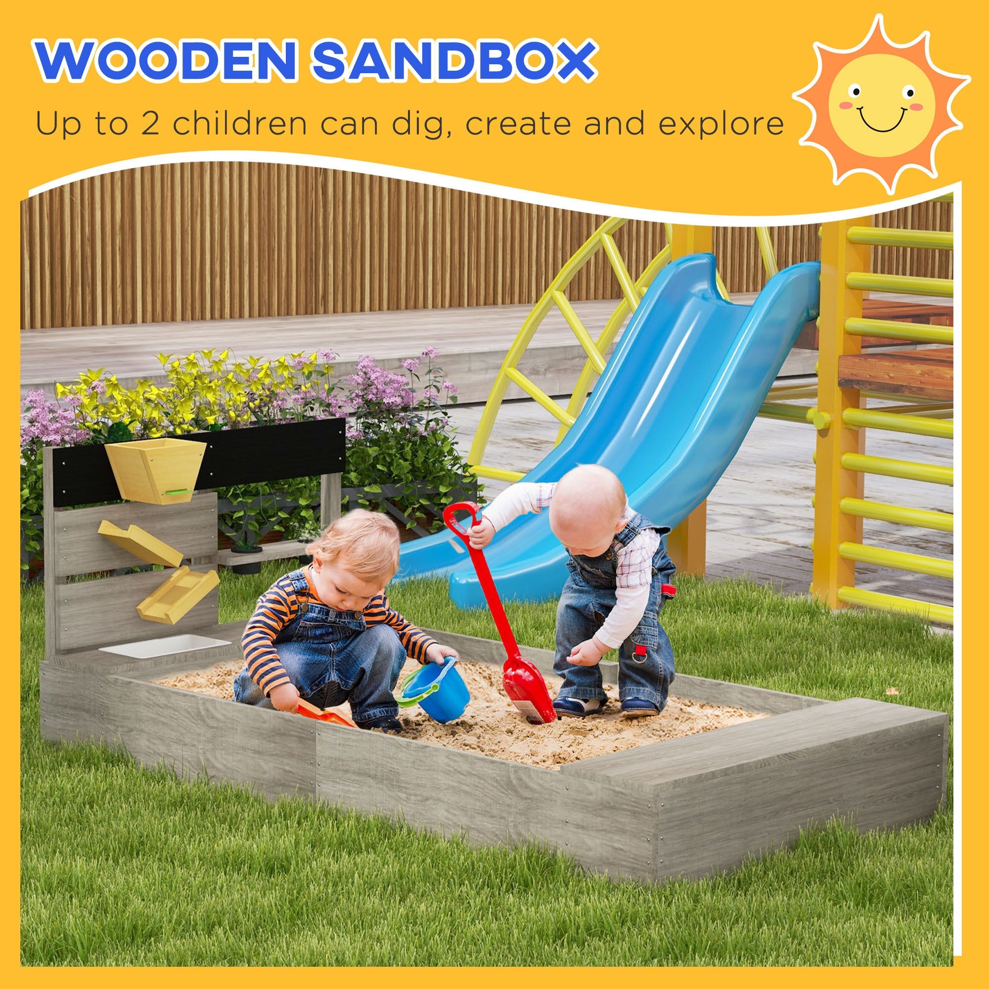 Outsunny Kids Wooden Sandbox with Protective Liner Kitchen Theme for Outdoor Garden Backyard Play 