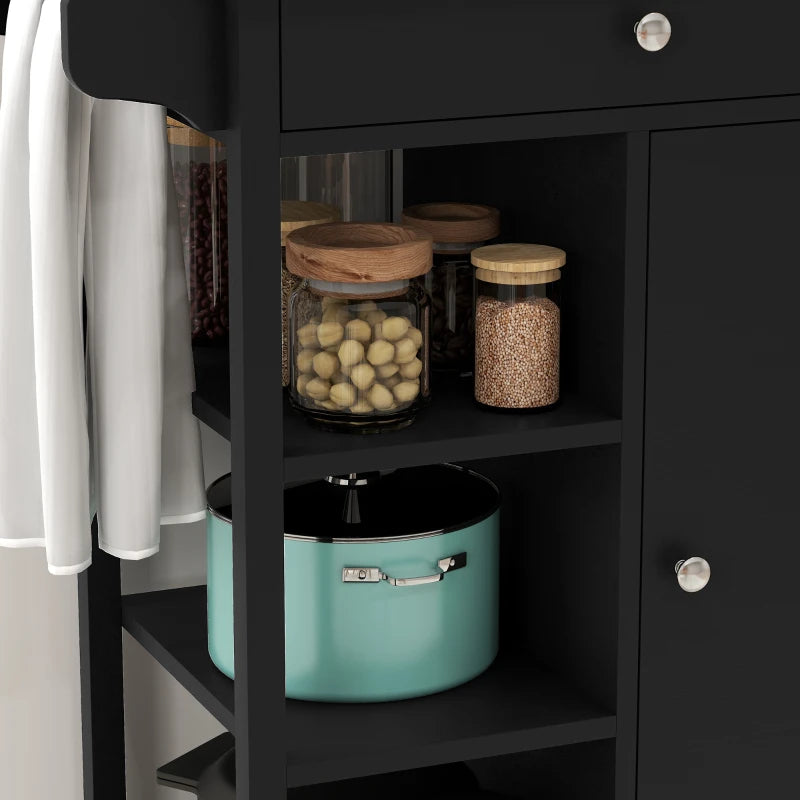 Modern Rolling Kitchen Island Cart with Drawer, Natural Wood Top, Towel Rack, Door Storage Cabinet, Black