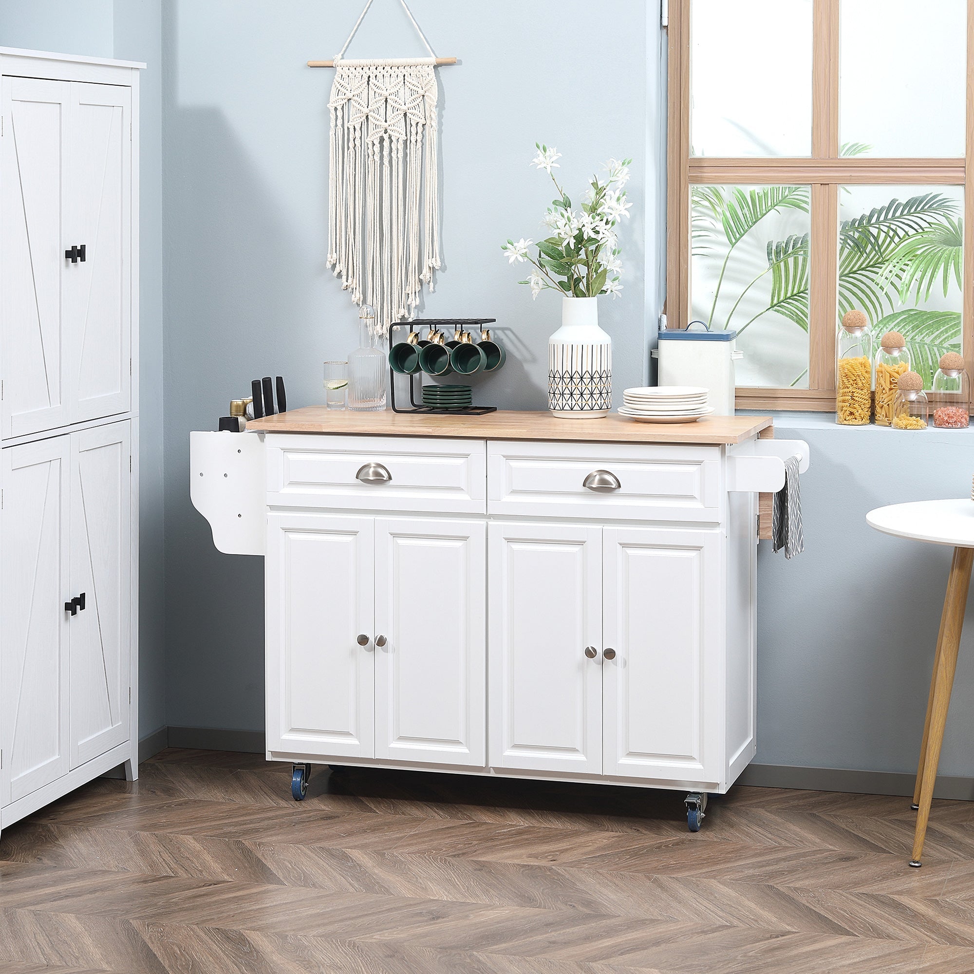 HOMCOM Rolling Kitchen Island on Wheels Utility Cart with Drop-Leaf and Rubber Wood Countertop, Storage Drawers, Door Cabinets, White 
