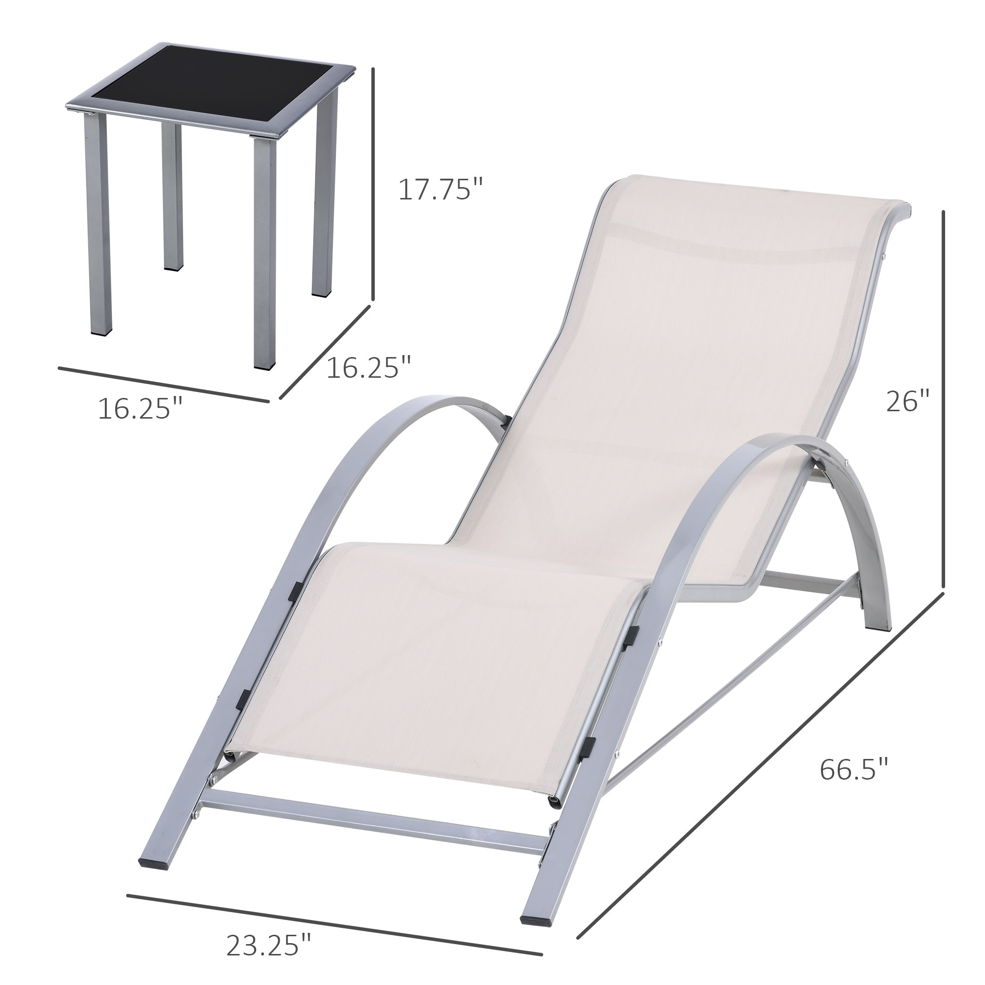 Outsunny 3 Pieces Patio Lounge Chair Set Outdoor Sunbathing Chair with Table for Yard Garden, Cream White 