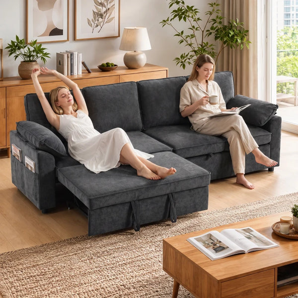 4-Seat Sectional Sofa Bed with Double Pull-Out Sleeper – Dark Grey Chenille