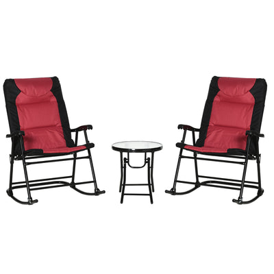 Outsunny 3pc Outdoor Folding Rocking Chair and Table Set Camping Yard Lounger Seat Patio Bistro Set w/ Padded Seat Red 
