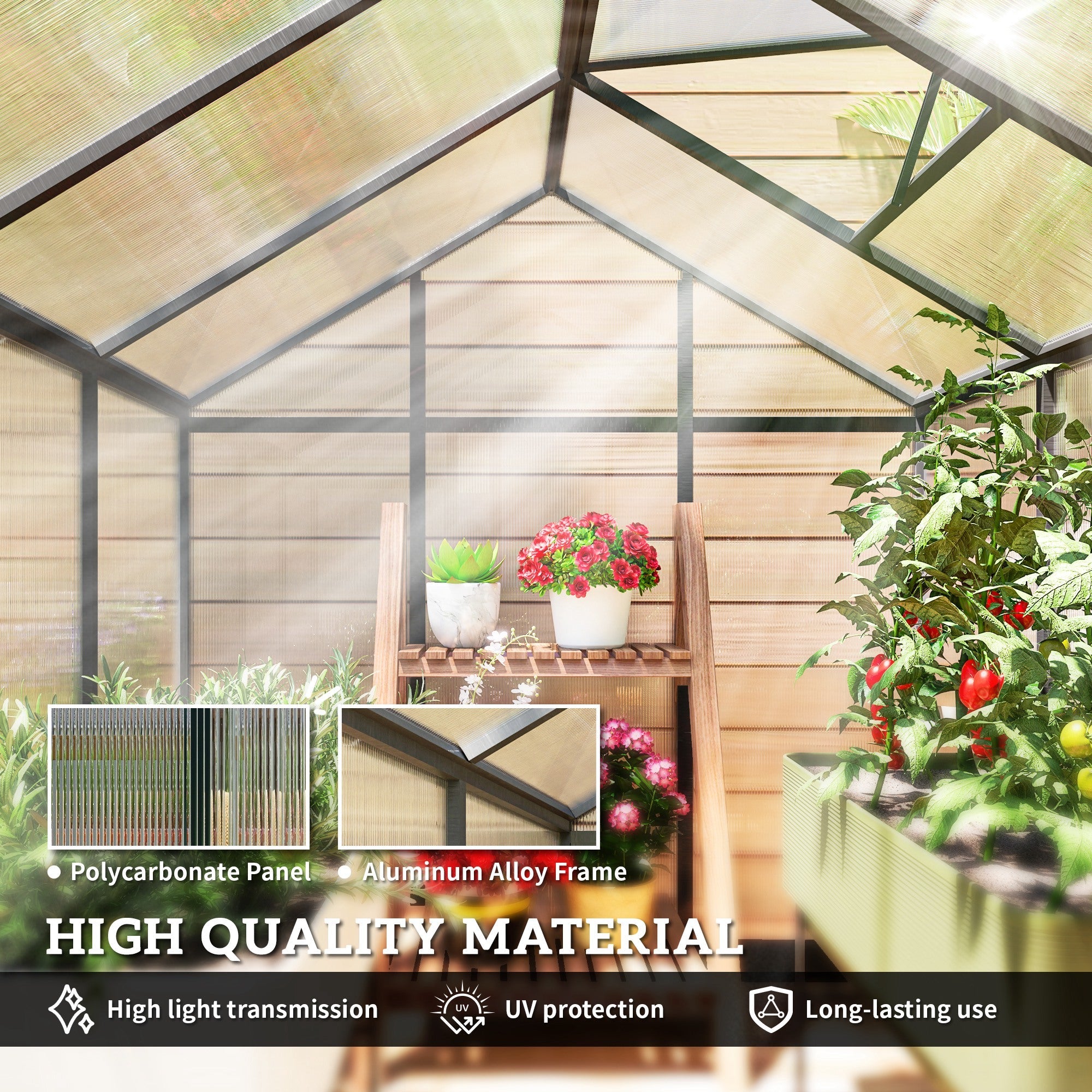 Outsunny 8' x 6' x 6.4' Walk-in Garden Greenhouse Polycarbonate Panels Plants Flower Growth Shed Cold Frame Outdoor Portable Warm House Aluminum Frame, Charcoal Grey 