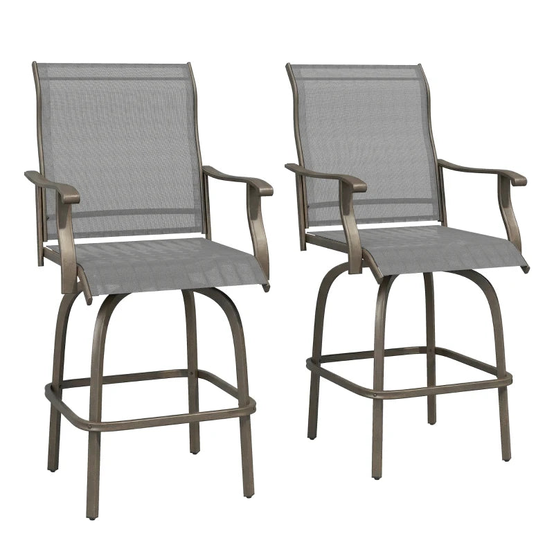 Outdoor Bar Stools Set of 2, Swivel Bar Height Chairs with High Back, Curved Armrests and Steel Frame, Light Grey