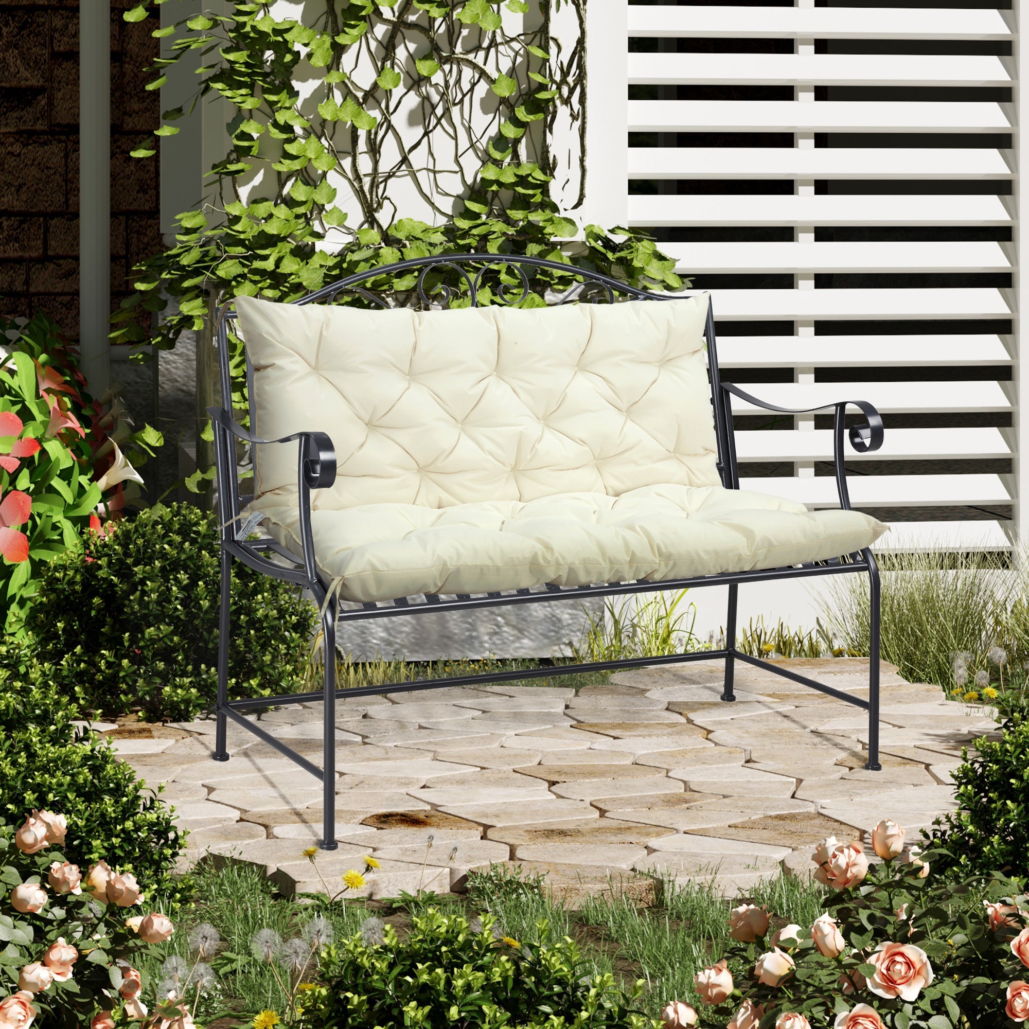 Outsunny Outdoor 2 Seater Bench Cushion 4.7 Inch Thick with Backrest Non Slip Patio Soft Pad Beige 