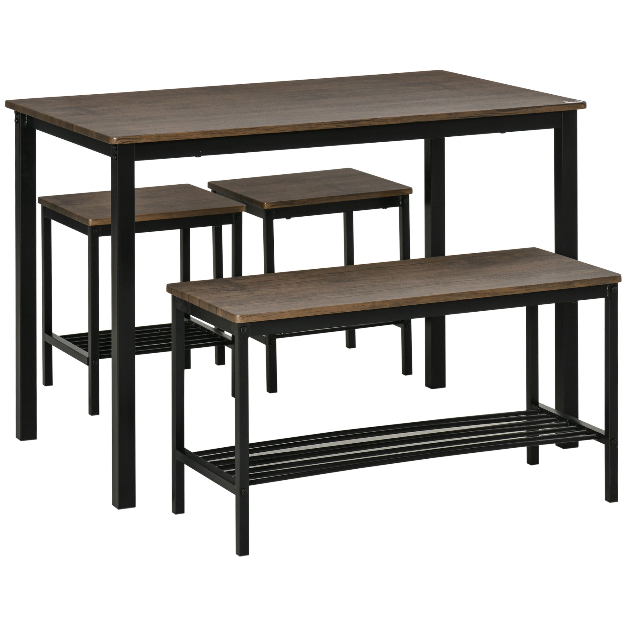 HOMCOM Industrial Dining Set: 4-Person Kitchen Table with Chairs and Bench, Metal Frame with Storage Shelf 