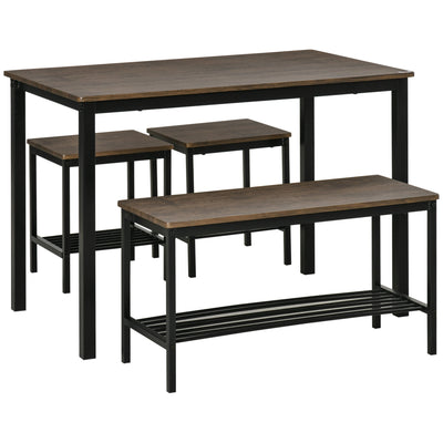HOMCOM Industrial Dining Set: 4-Person Kitchen Table with Chairs and Bench, Metal Frame with Storage Shelf 