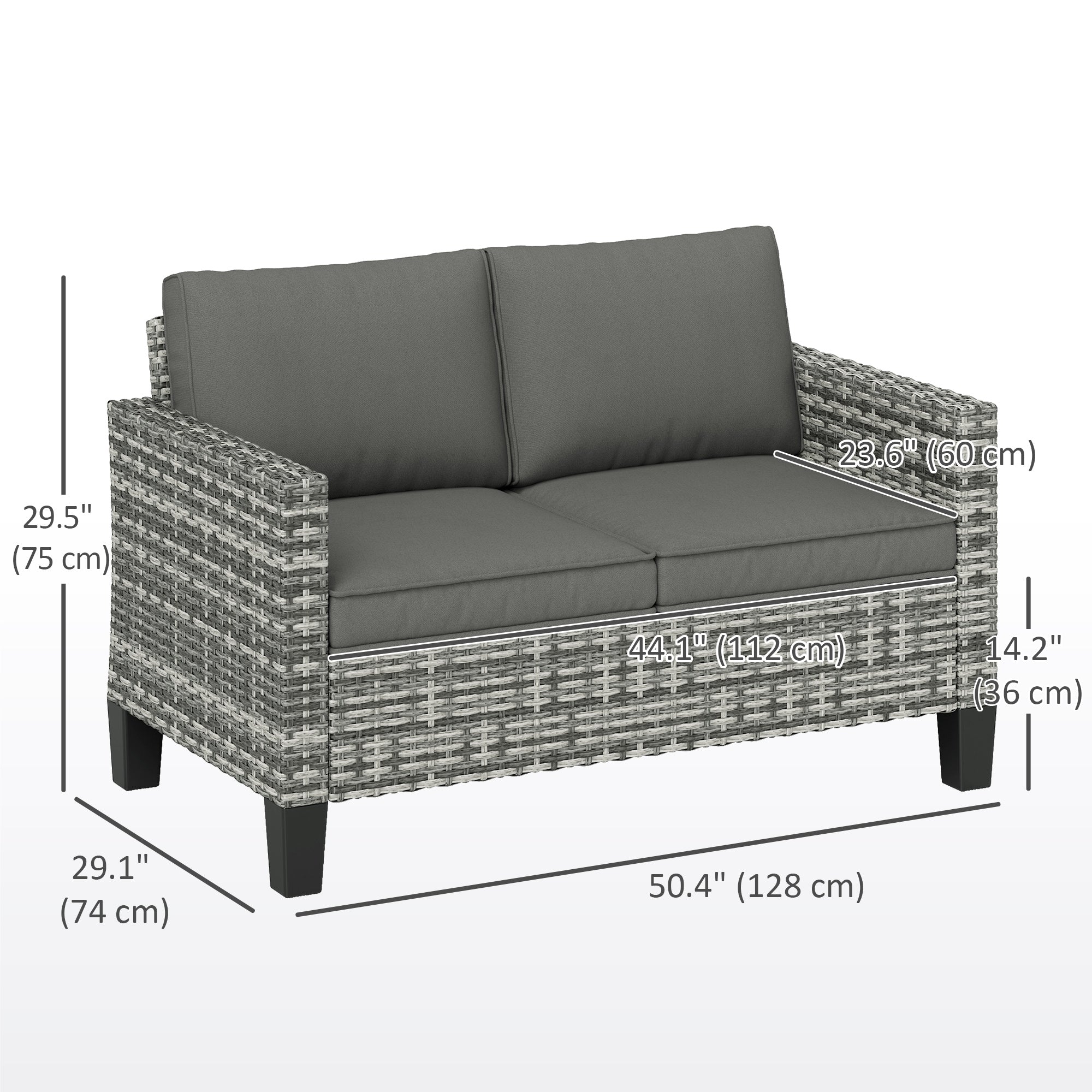 Outsunny 2 Seater Rattan Outdoor Sofa, Patio Couch Loveseat with Cushions and Armrests for Garden, Balcony, Dark Grey 