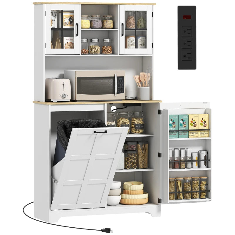 Kitchen Pantry Cabinet with Charging Station, 7 Gallon Trash Can Cabinet, Adjustable Shelves and Acrylic Doors, Multifunctional Cabinet, White