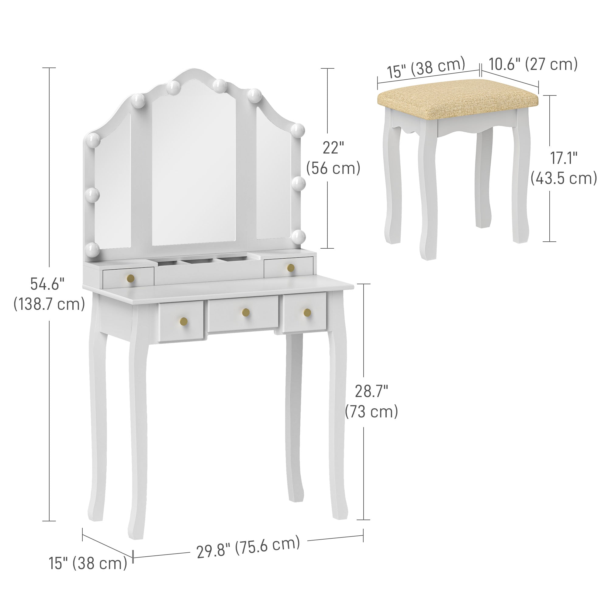 HOMCOM Makeup Vanity Desk with Mirror and Stool, Vanity Set with 10 LED Lights, 5 Drawers and 3 Compartments, White 