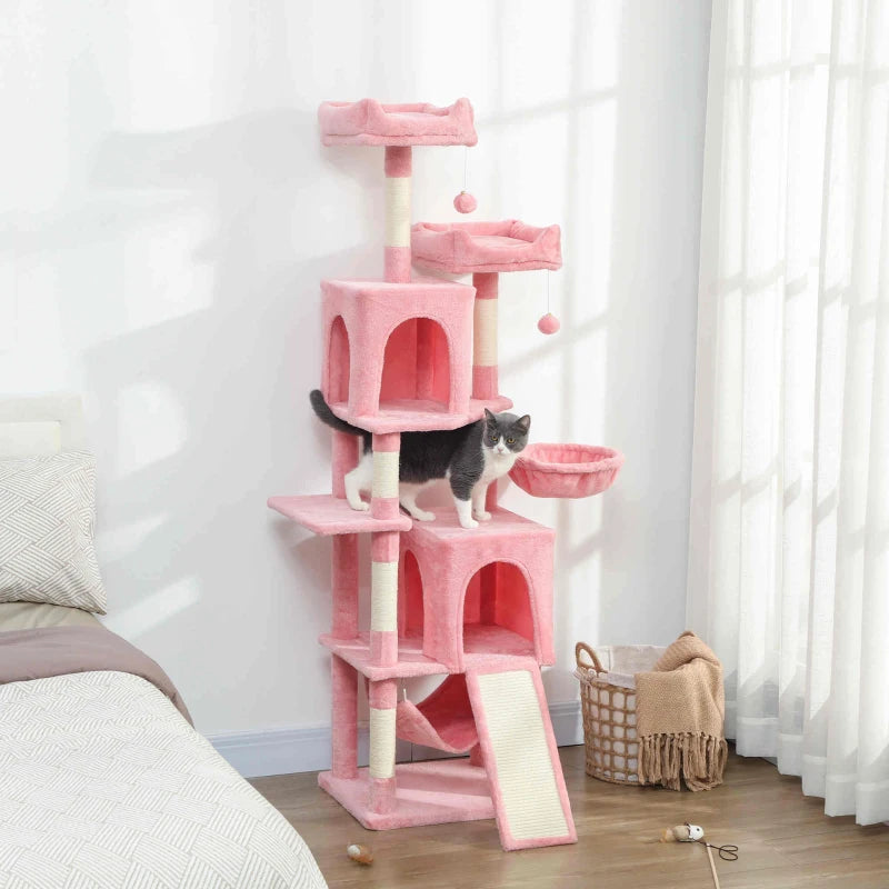 Cat Tree, 70" Multi-Level Cat Tower with 2 Condos, 2 Perches, Hammock, Toy Balls, Scratching Posts and Board, Pink