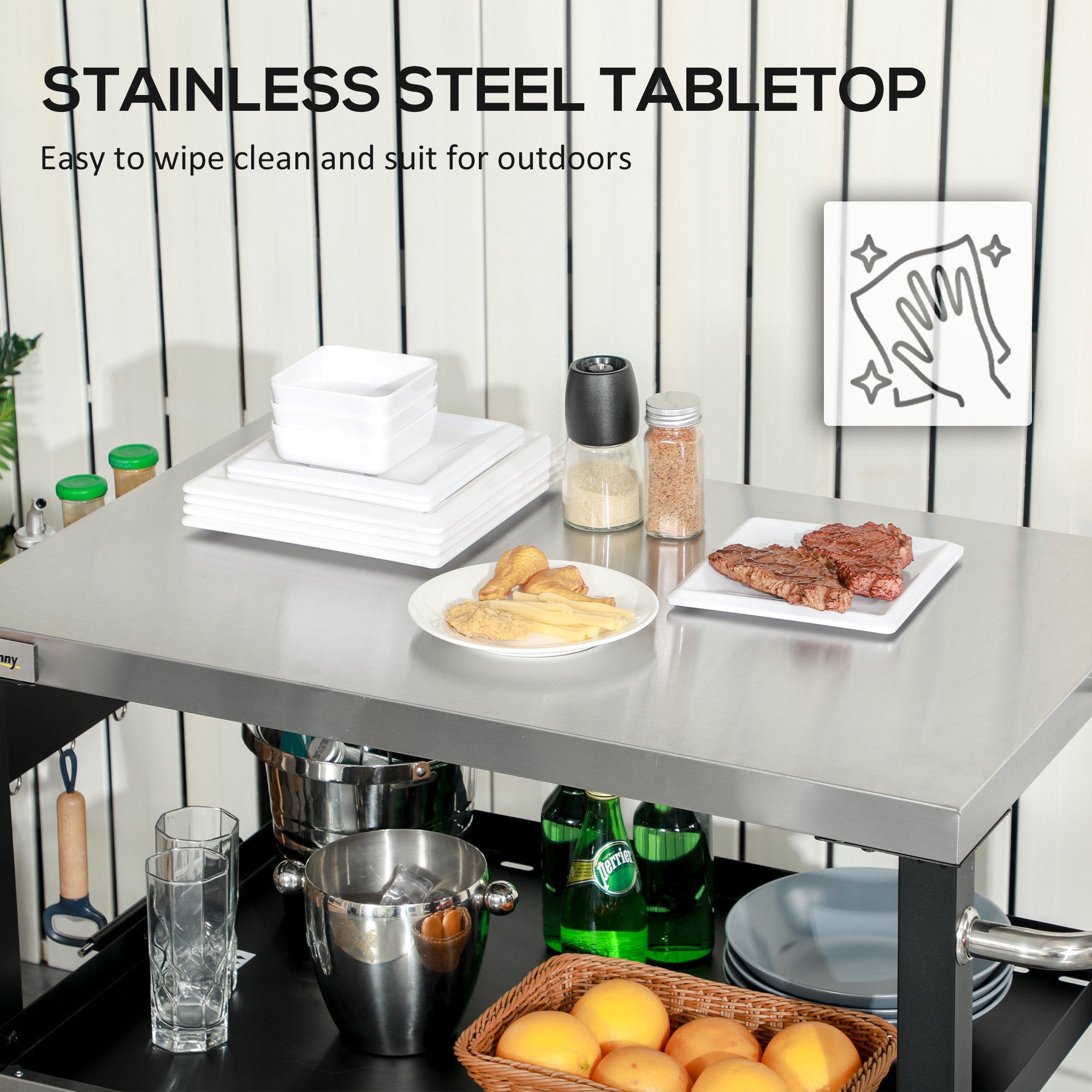 Outsunny 3-Shelf Outdoor Grill Cart Table with Side Handle, Stainless Steel Pizza Oven Stand on Wheels, Black 