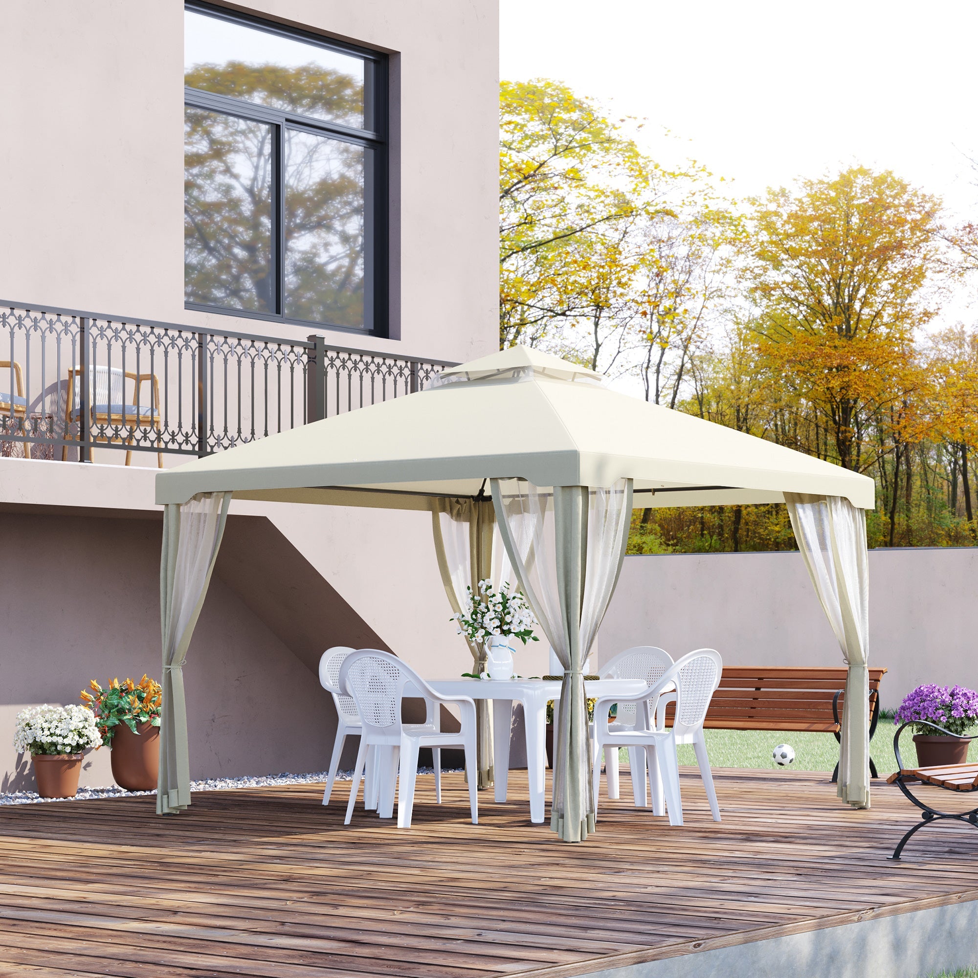 Outsunny 9.7'x9.7' Patio Gazebo Outdoor Pavilion 2 Tire Roof Canopy Shelter Garden Event Party Tent, Cream White 