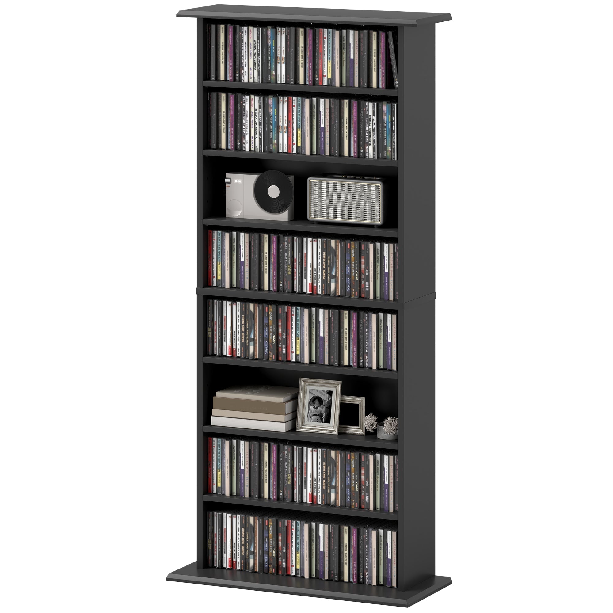 HOMCOM 8-Tier DVD Shelf with 6 Adjustable Shelves, Double CD Shelf, Holds 360 CDs, 185 DVDs or 185 Blu-rays, Black 