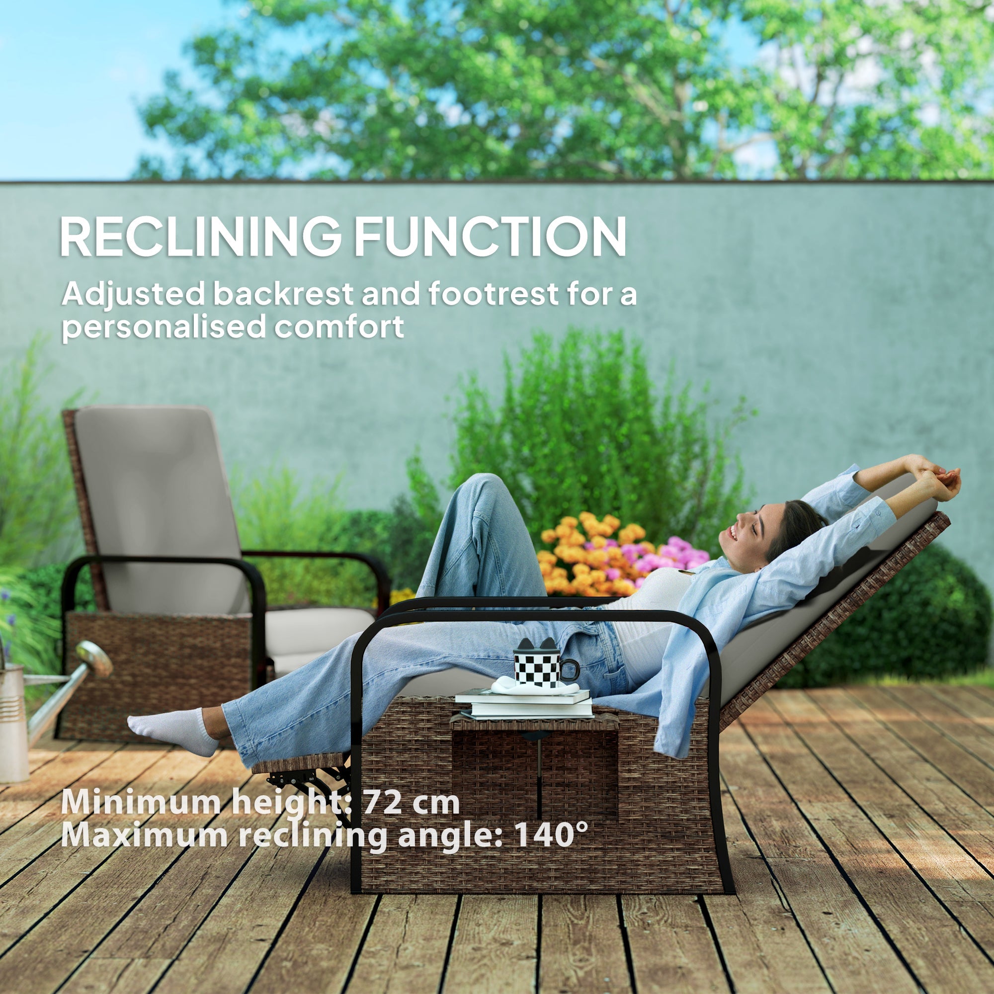 Outsunny Wicker Outdoor Recliner Chair, Reclining Lounge Chair with Adjustable Backrest, Footrest and Side Tray, Light Grey 