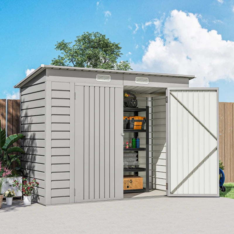 8 x 4FT Galvanized Garden Storage Shed, Metal Outdoor Shed with Double Doors and 2 Vents, Light Grey