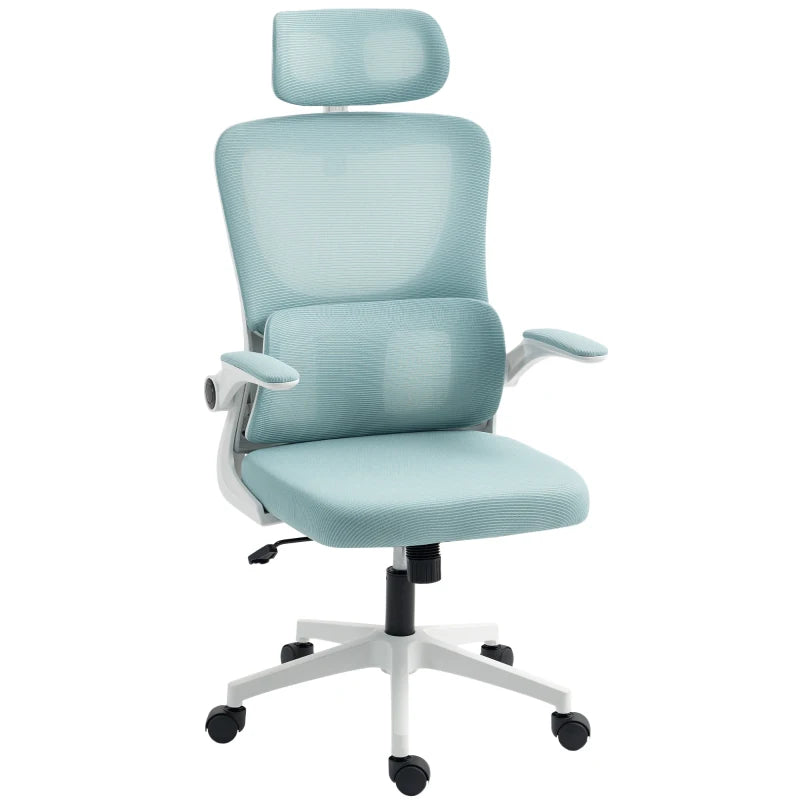 High Back Office Chair, Mesh Computer Chair with Rotatable Headrest, Lumbar Back Support, Adjustable Height, Light Blue