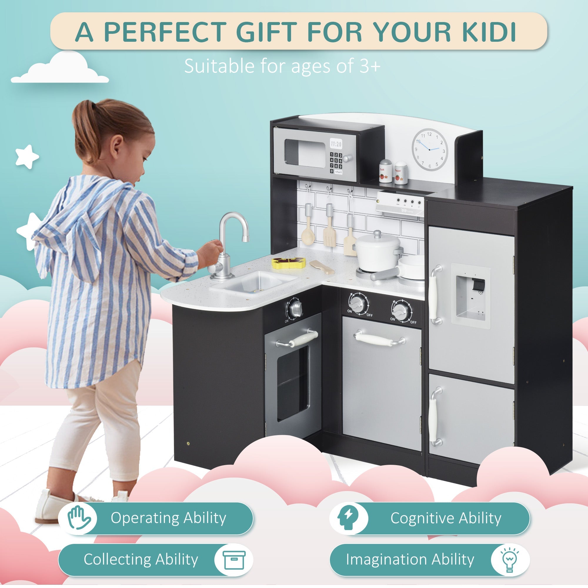 Qaba Play Kitchen Set for Kids - Black Cooking Toy with Drinking Fountain, Microwave, Fridge & Accessories 