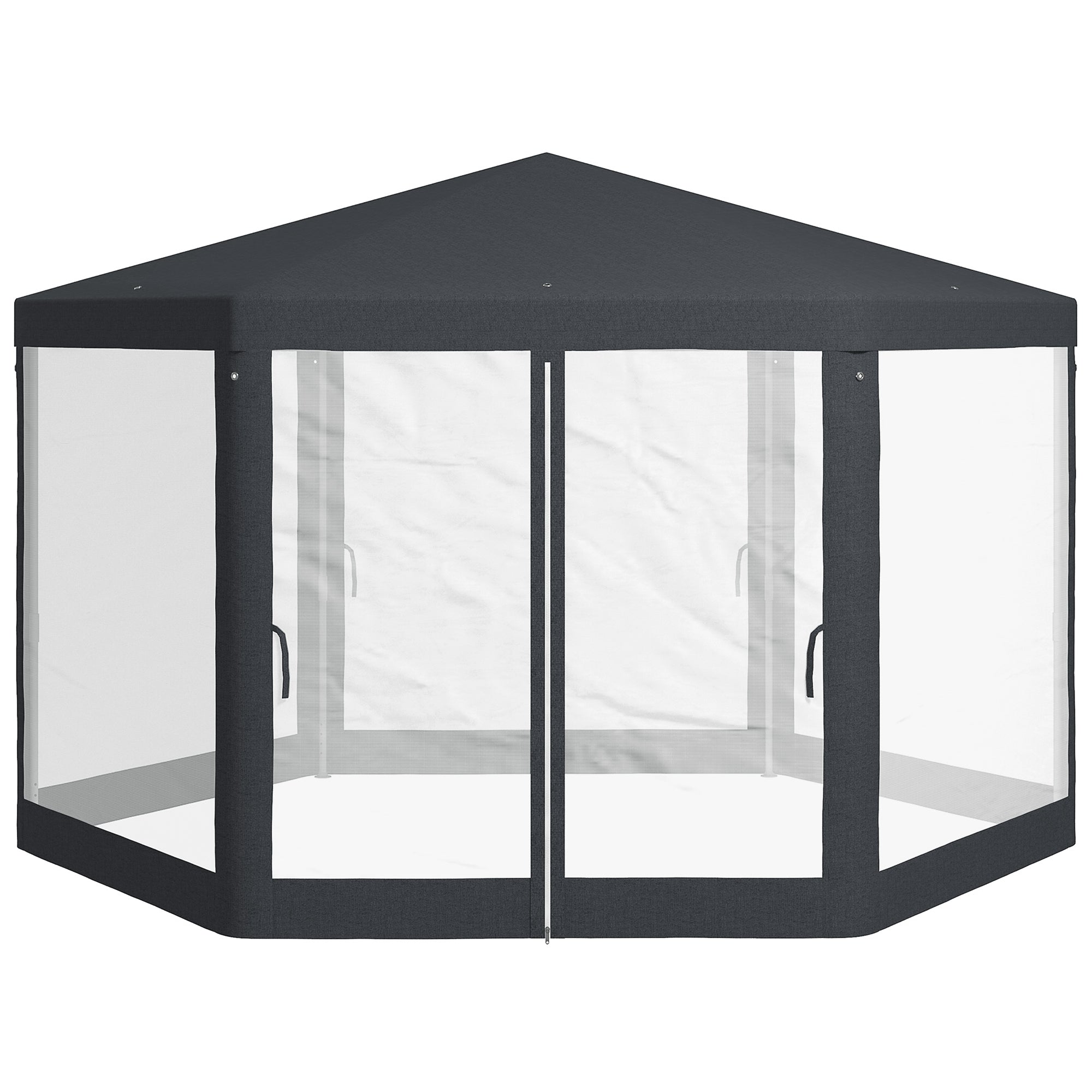 Outsunny Φ13' Hexagon Party Tent Patio Gazebo Outdoor Activity Event Canopy Quick Sun Shelter Pavilion with Netting Mesh Sidewall Dark Grey 