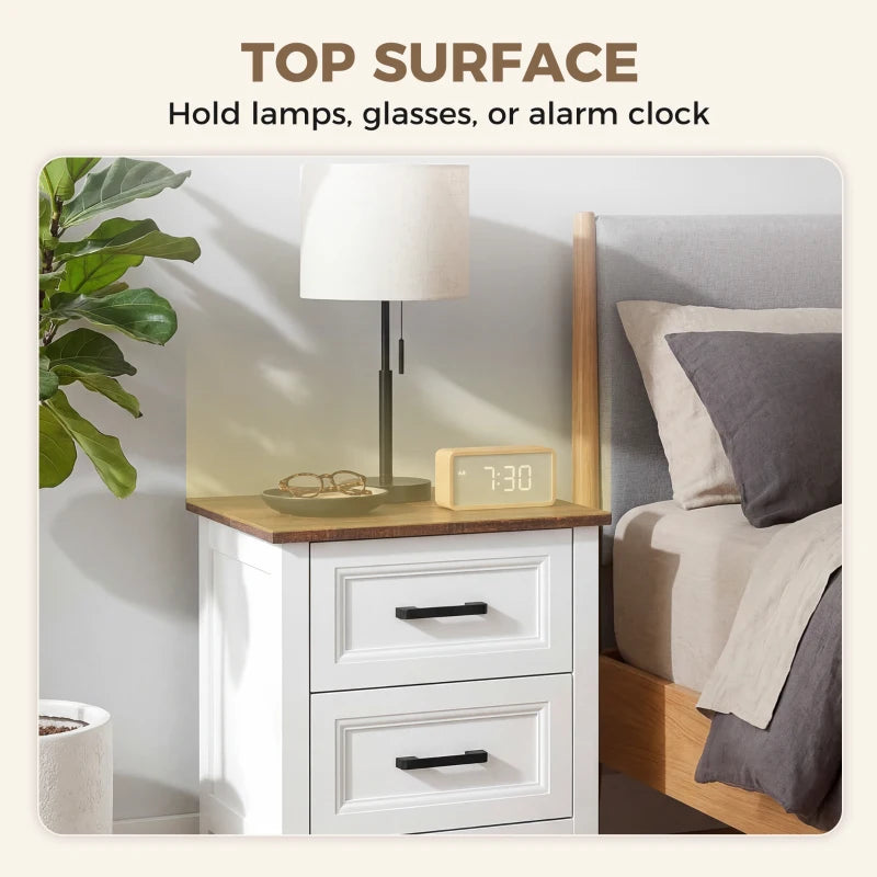 HOMCOM Farmhouse Nightstand Set of 2 with 2 Drawers, Wood-Effect Top Bedside Tables for Bedroom & Living Room – White