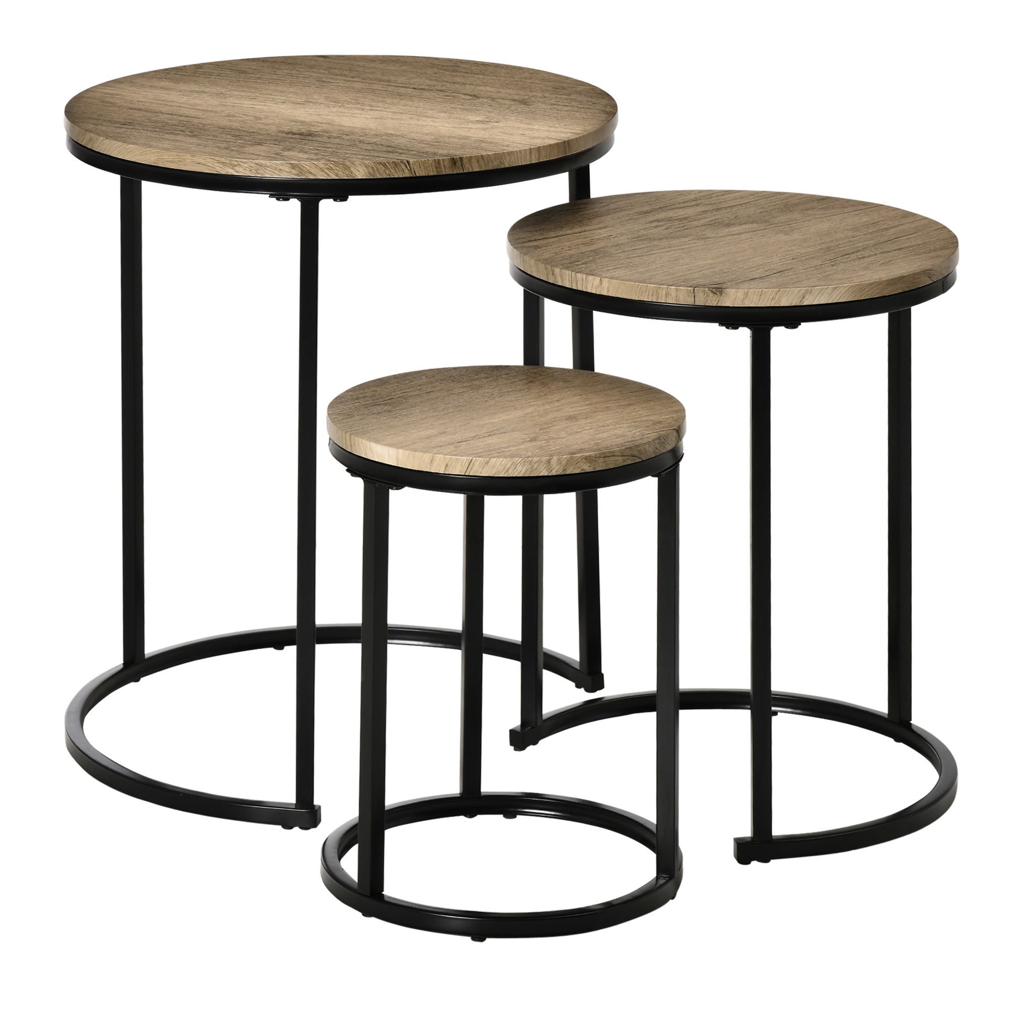 HOMCOM Modish Stacking Tables: Set of 3 Modern Nesting End Tables with Woodgrain Steel Frame for Living Room, Natural Wood 