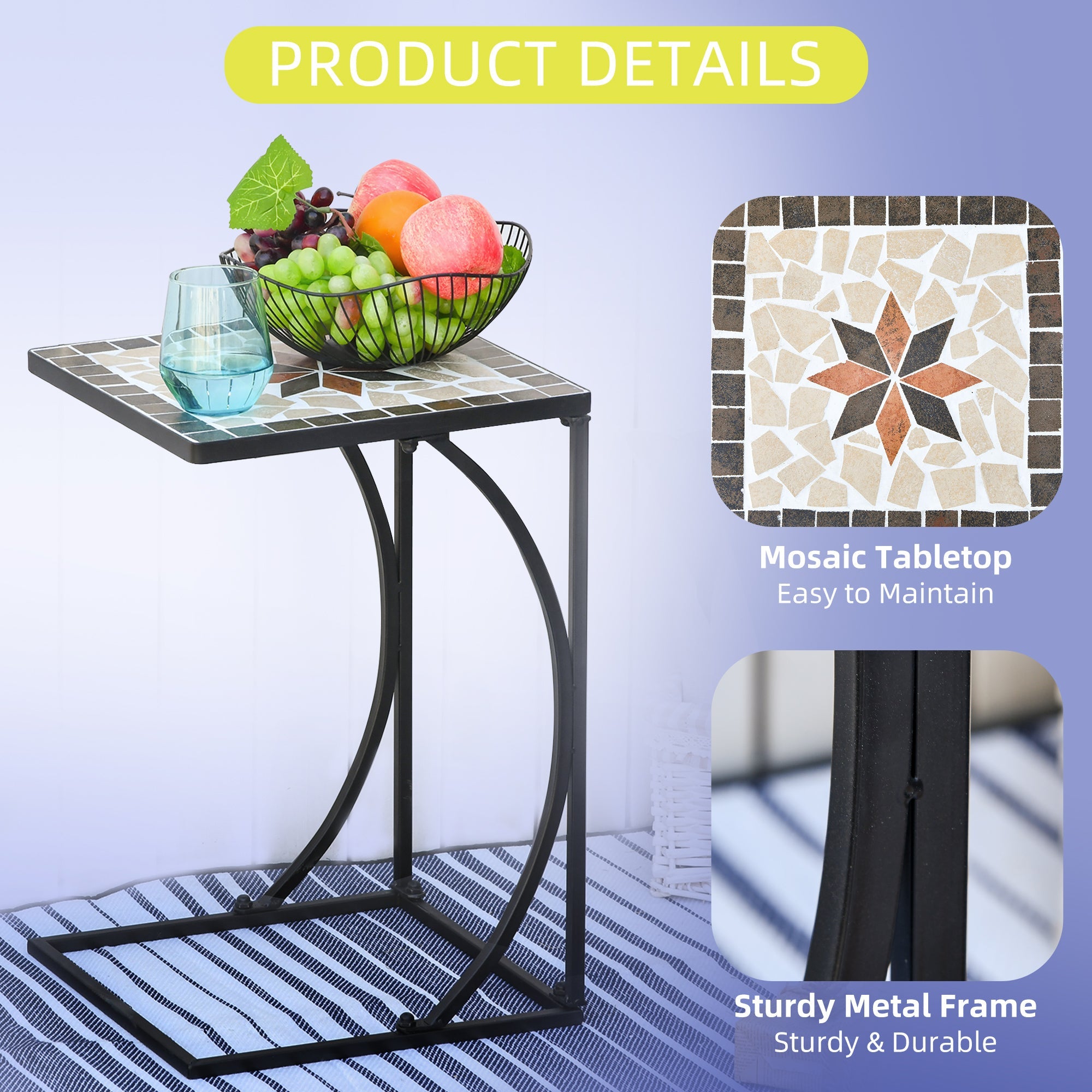 Outsunny Mosaic Side Table - Versatile C-Shape Frame Accent & Coffee Table for Indoor & Outdoor Use, Ideal for Garden & Pool 
