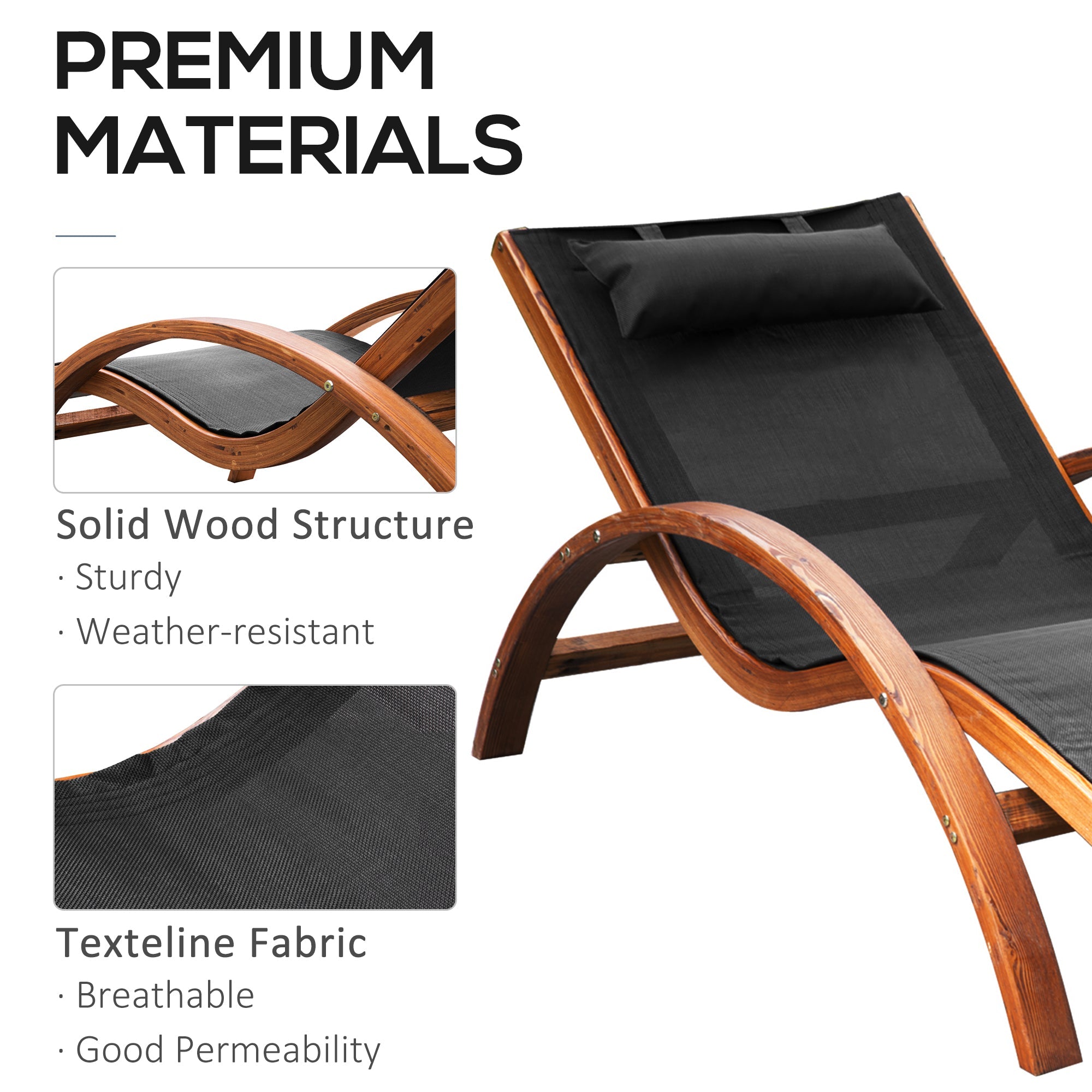 Outsunny Patio Chaise Lounge Chair with Headrest, Garden Sun Lounger Recliner with Wood Frame, Texteline, Black 